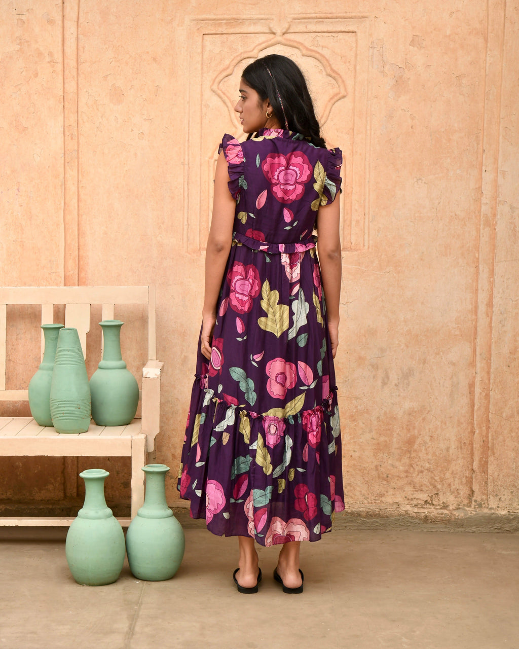 Purple Printed Midi Dress by Taro with Azo Free Dyes, Best Selling, Casual Wear, Chanderi Silk, FB ADS JUNE, Garden of Dreams by Taro, Garden of Dreams by The Loom Art, July Sale, July Sale 2023, Midi Dresses, Prints, Purple, Sleeveless Dresses, Womenswear at Kamakhyaa for sustainable fashion