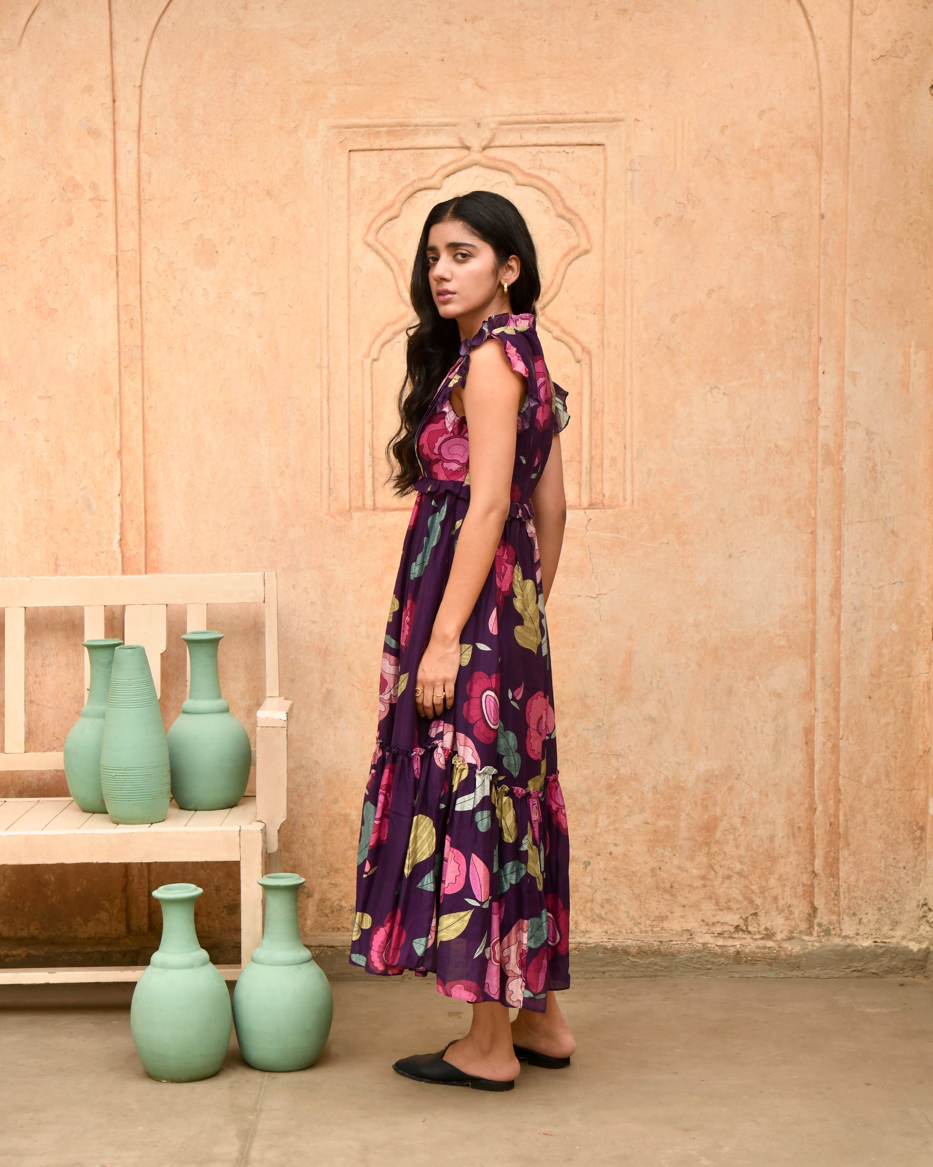 Purple Printed Midi Dress by Taro with Azo Free Dyes, Best Selling, Casual Wear, Chanderi Silk, FB ADS JUNE, Garden of Dreams by Taro, Garden of Dreams by The Loom Art, July Sale, July Sale 2023, Midi Dresses, Prints, Purple, Sleeveless Dresses, Womenswear at Kamakhyaa for sustainable fashion