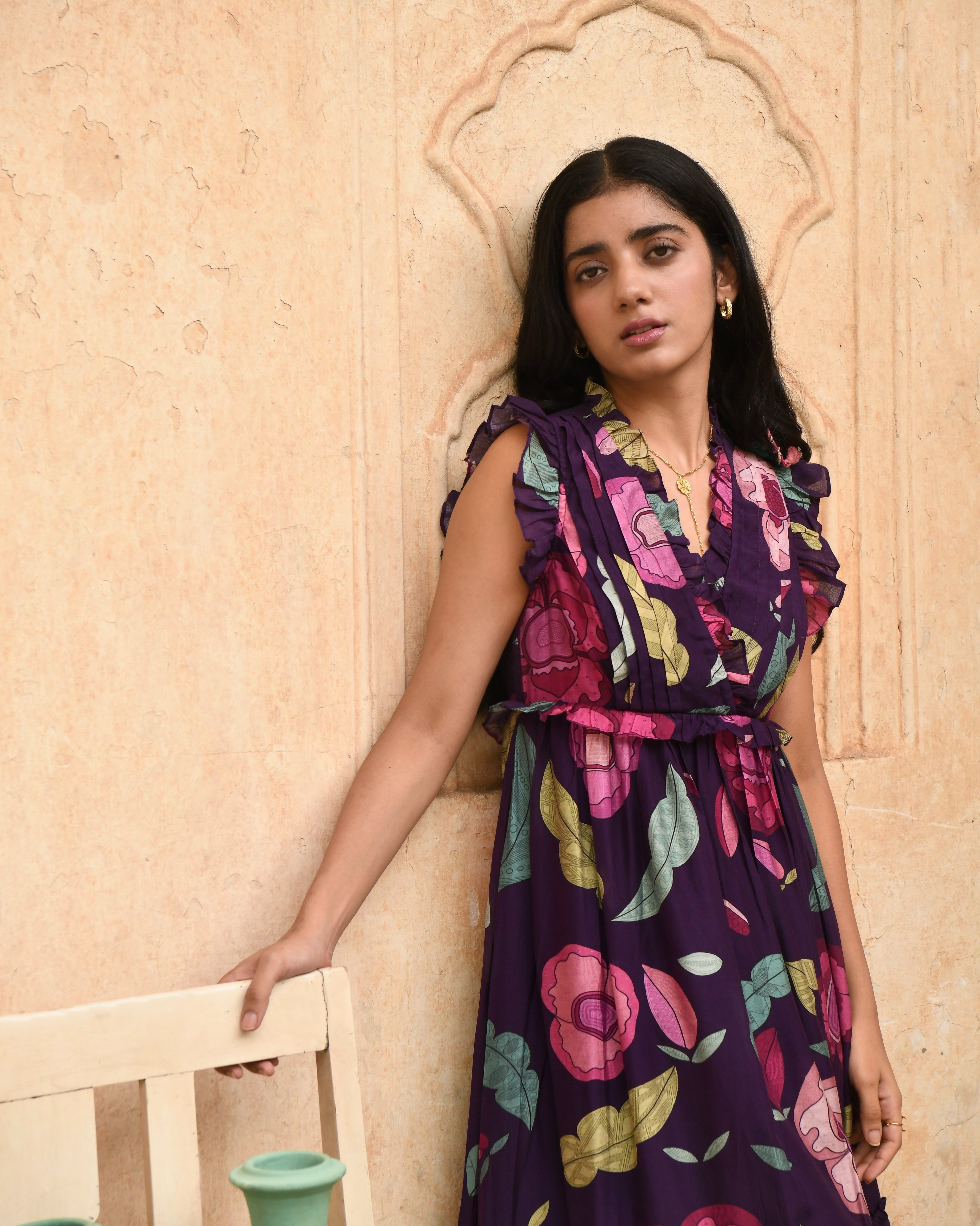 Purple Printed Midi Dress by Taro with Azo Free Dyes, Best Selling, Casual Wear, Chanderi Silk, FB ADS JUNE, Garden of Dreams by Taro, Garden of Dreams by The Loom Art, July Sale, July Sale 2023, Midi Dresses, Prints, Purple, Sleeveless Dresses, Womenswear at Kamakhyaa for sustainable fashion