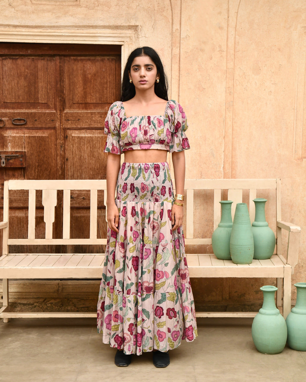 Grey Printed Skirt by Taro with Azo Free Dyes, Casual Wear, Chanderi Silk, Garden of Dreams by Taro, Garden of Dreams by The Loom Art, Grey, July Sale, July Sale 2023, Maxi Skirts, Prints, Regular Fit, Skirts, Womenswear at Kamakhyaa for sustainable fashion