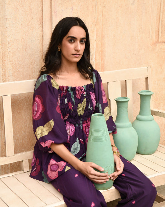 Purple Peplum Top by Taro with Azo Free Dyes, Best Selling, Casual Wear, Chanderi Silk, Garden of Dreams by Taro, Garden of Dreams by The Loom Art, July Sale, July Sale 2023, Peplum Tops, Prints, Purple, Womenswear at Kamakhyaa for sustainable fashion