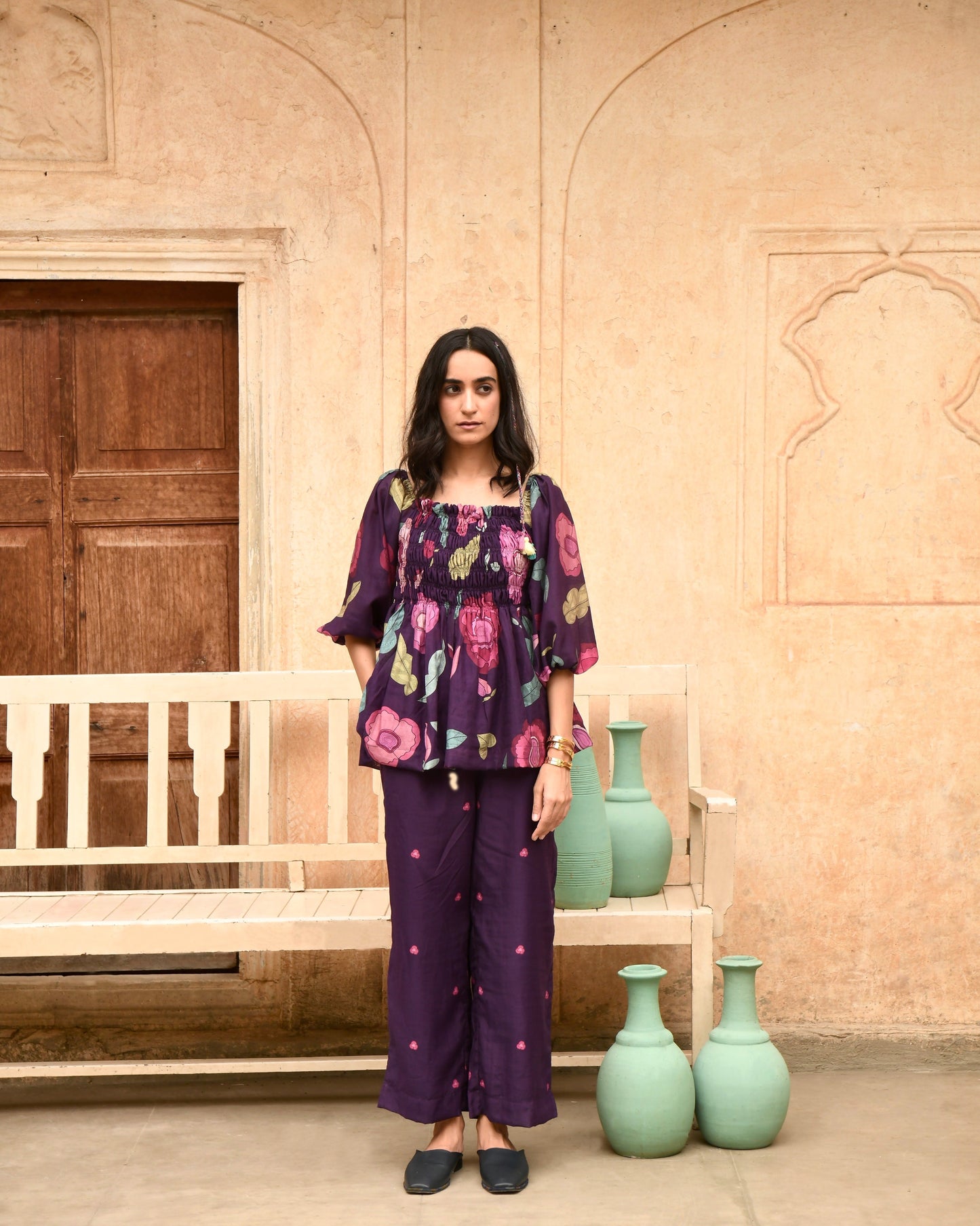 Purple Chanderi Silk Pant by Taro with Azo Free Dyes, Best Selling, Casual Wear, Chanderi Silk, Garden of Dreams by Taro, Garden of Dreams by The Loom Art, July Sale, July Sale 2023, Pants, Prints, Purple, Regular Fit, Womenswear at Kamakhyaa for sustainable fashion