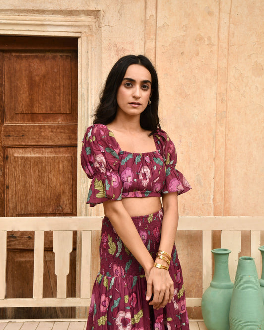 Red Printed Crop Top by Taro with Azo Free Dyes, Casual Wear, Chanderi Silk, Crop Tops, Fitted At Bust, Garden of Dreams by Taro, Garden of Dreams by The Loom Art, July Sale, July Sale 2023, Prints, Purple, Womenswear at Kamakhyaa for sustainable fashion