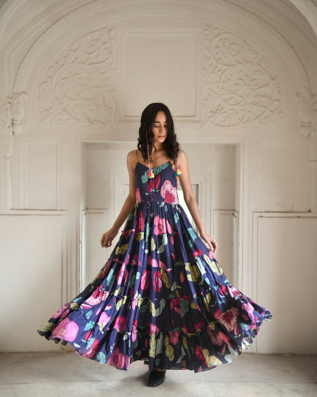 Blue Mulmul Maxi Dress by Taro with Azo Free Dyes, Blue, Fitted At Bust, For Daughter, Garden of Dreams by Taro, Garden of Dreams by The Loom Art, July Sale, July Sale 2023, Maxi Dresses, Mulmul, Prints, Resort Wear, Sleeveless Dresses, Tiered Dresses, Womenswear at Kamakhyaa for sustainable fashion