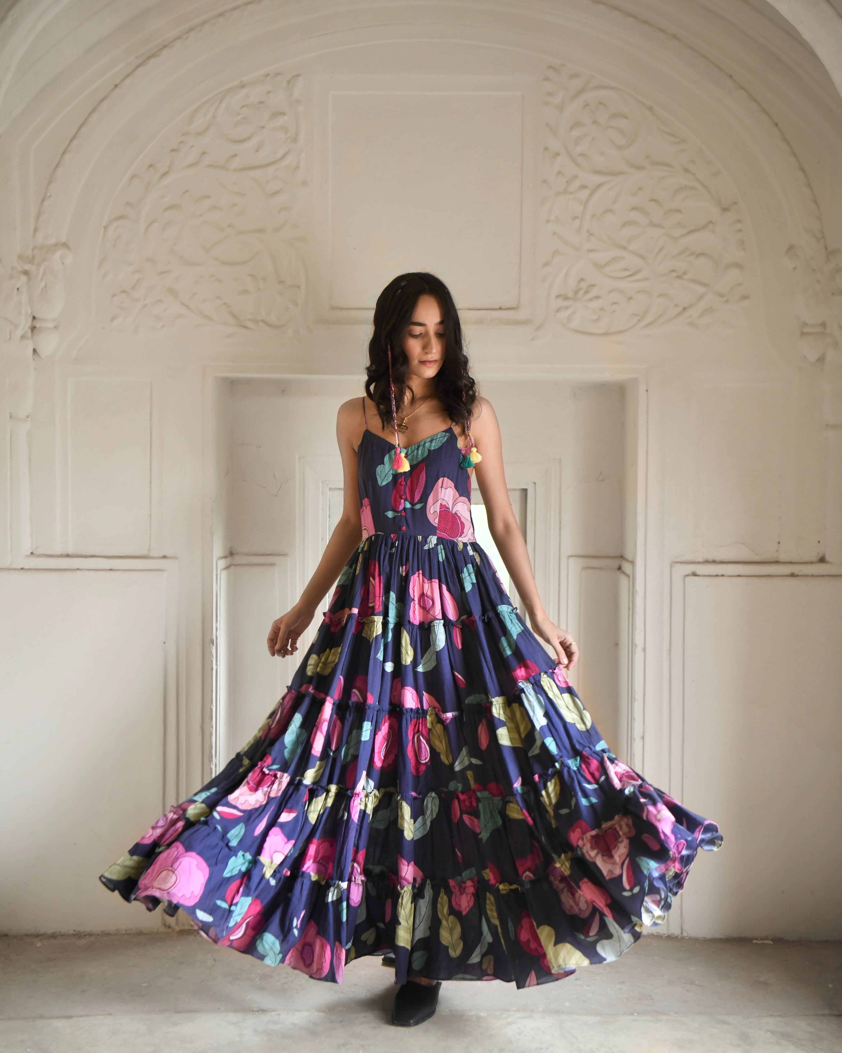 Blue Mulmul Maxi Dress by Taro with Azo Free Dyes, Blue, Fitted At Bust, For Daughter, Garden of Dreams by Taro, Garden of Dreams by The Loom Art, July Sale, July Sale 2023, Maxi Dresses, Mulmul, Prints, Resort Wear, Sleeveless Dresses, Tiered Dresses, Womenswear at Kamakhyaa for sustainable fashion