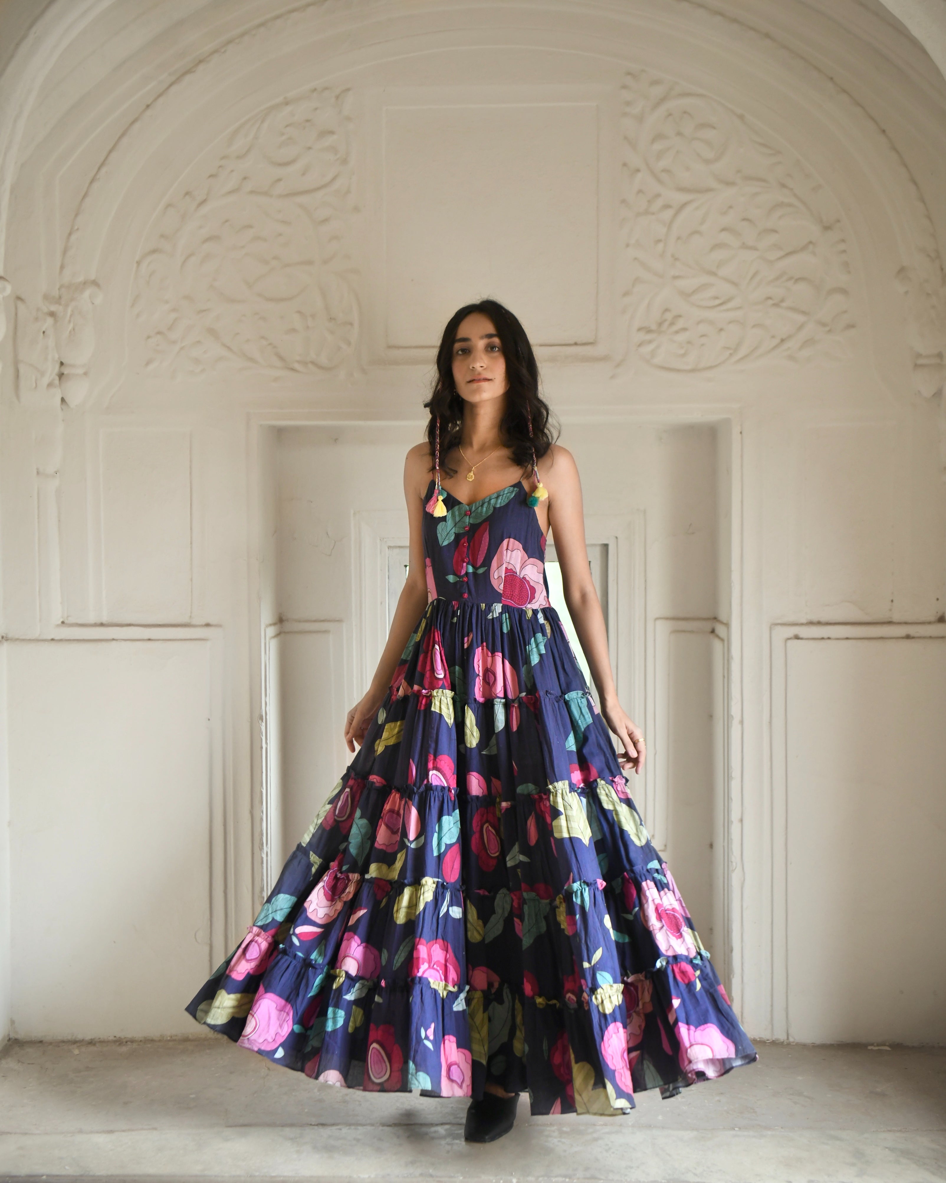 Blue Mulmul Maxi Dress by Taro with Azo Free Dyes, Blue, Fitted At Bust, For Daughter, Garden of Dreams by Taro, Garden of Dreams by The Loom Art, July Sale, July Sale 2023, Maxi Dresses, Mulmul, Prints, Resort Wear, Sleeveless Dresses, Tiered Dresses, Womenswear at Kamakhyaa for sustainable fashion