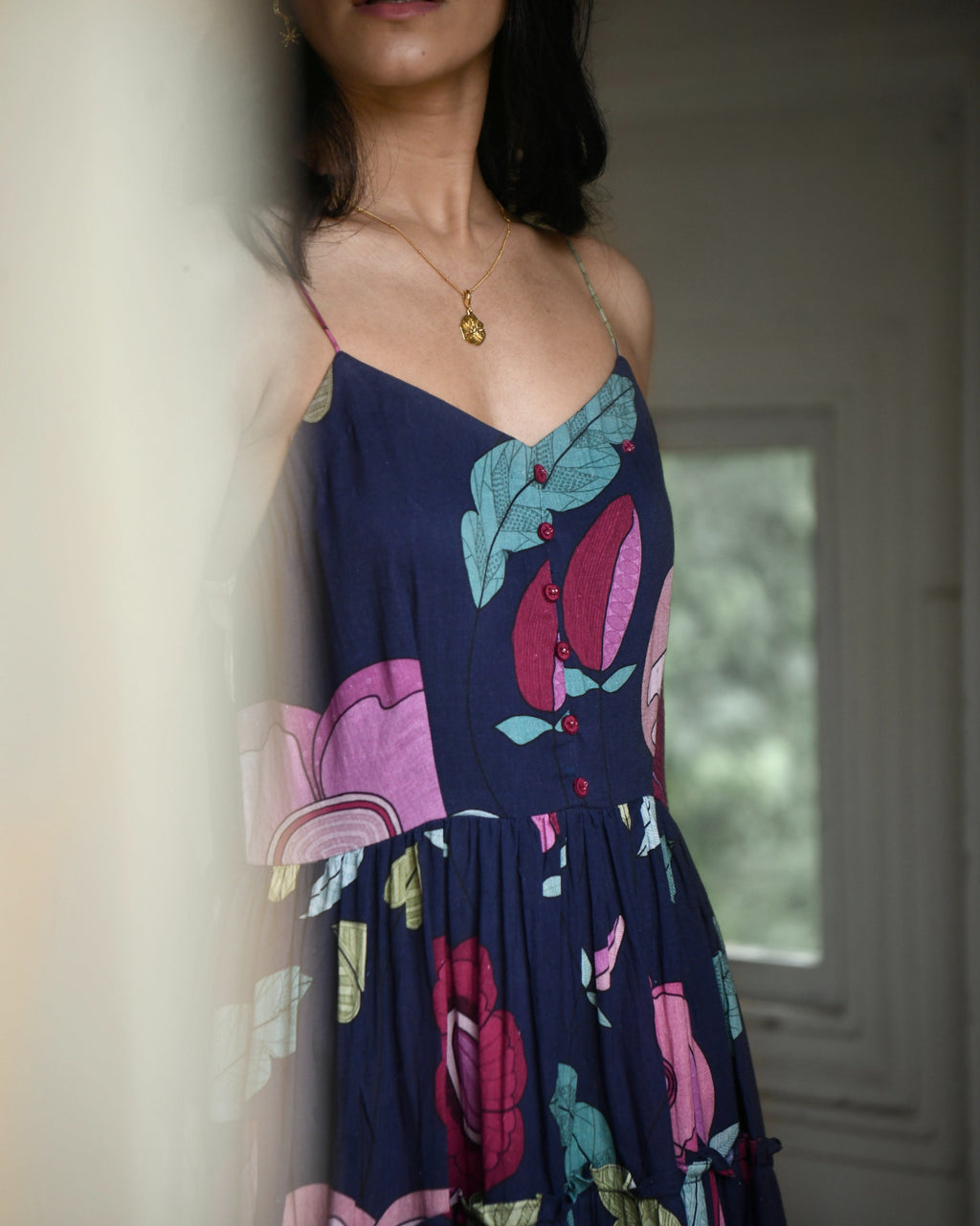 Blue Mulmul Maxi Dress by Taro with Azo Free Dyes, Blue, Fitted At Bust, For Daughter, Garden of Dreams by Taro, Garden of Dreams by The Loom Art, July Sale, July Sale 2023, Maxi Dresses, Mulmul, Prints, Resort Wear, Sleeveless Dresses, Tiered Dresses, Womenswear at Kamakhyaa for sustainable fashion