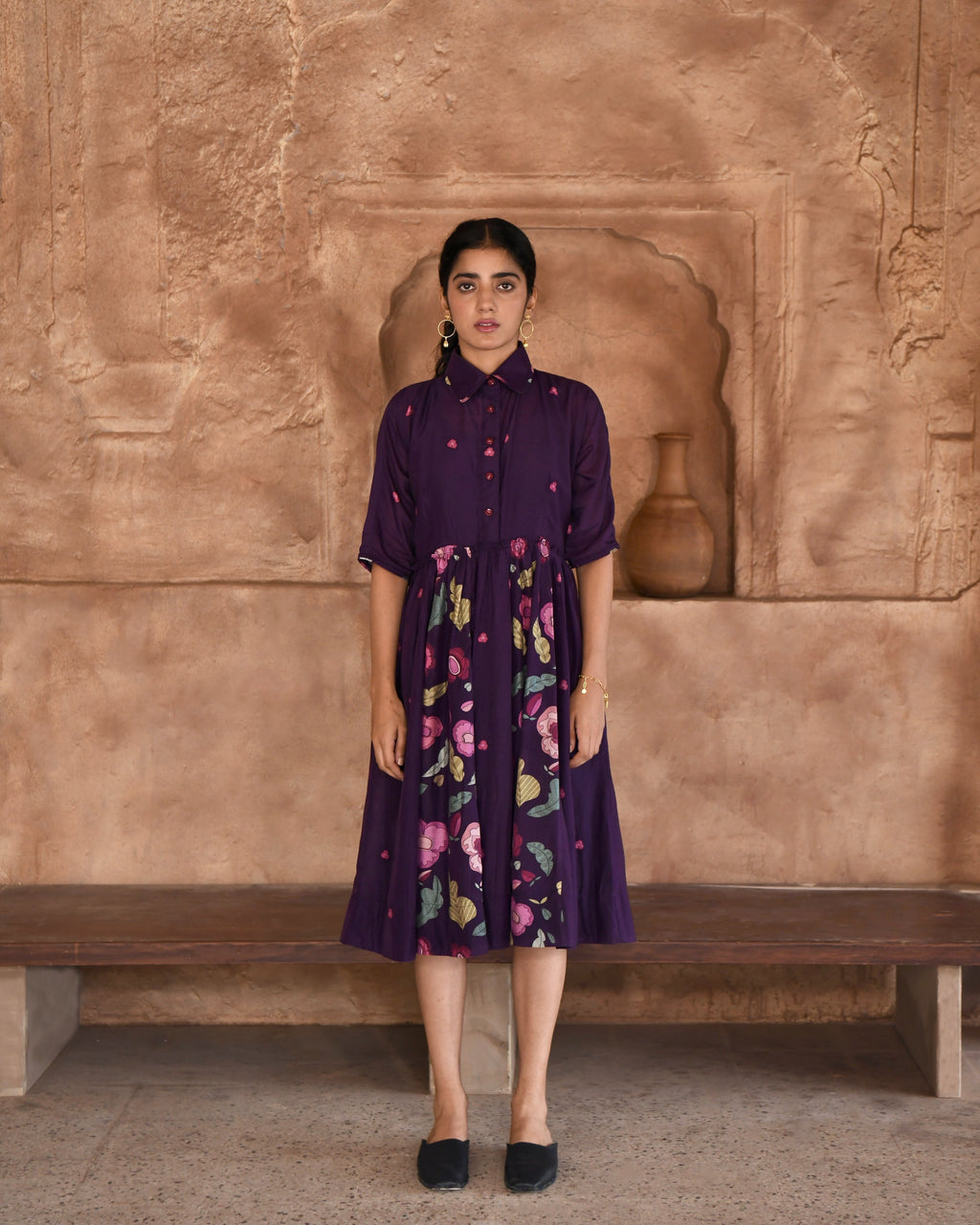 Purple Chanderi Silk Shirt Dress by Taro with Azo Free Dyes, Chanderi Silk, Garden of Dreams by Taro, Garden of Dreams by The Loom Art, July Sale, July Sale 2023, Office Wear, Prints, Purple, Relaxed Fit, Shirt Dresses, Womenswear at Kamakhyaa for sustainable fashion