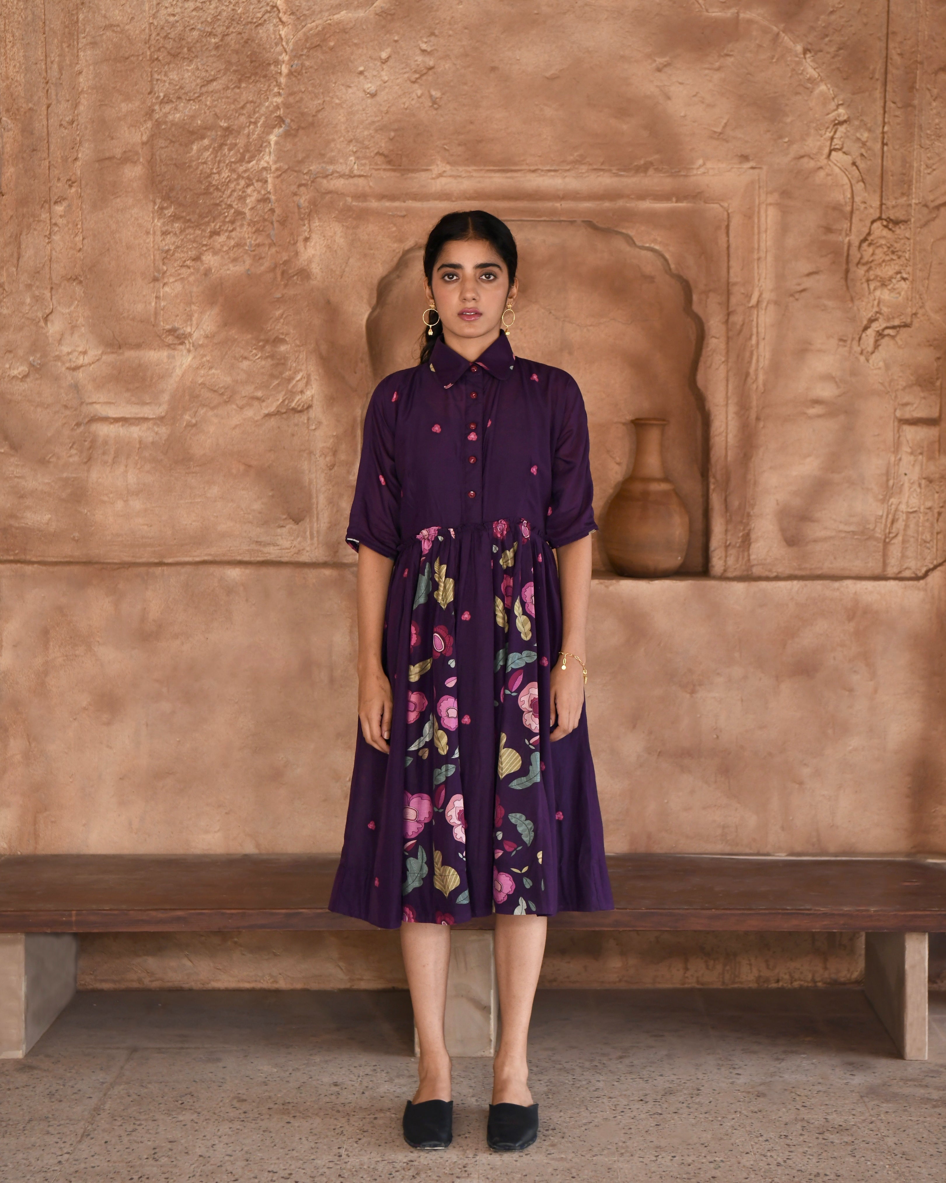 Purple Chanderi Silk Shirt Dress by Taro with Azo Free Dyes, Chanderi Silk, Garden of Dreams by Taro, Garden of Dreams by The Loom Art, July Sale, July Sale 2023, Office Wear, Prints, Purple, Relaxed Fit, Shirt Dresses, Womenswear at Kamakhyaa for sustainable fashion