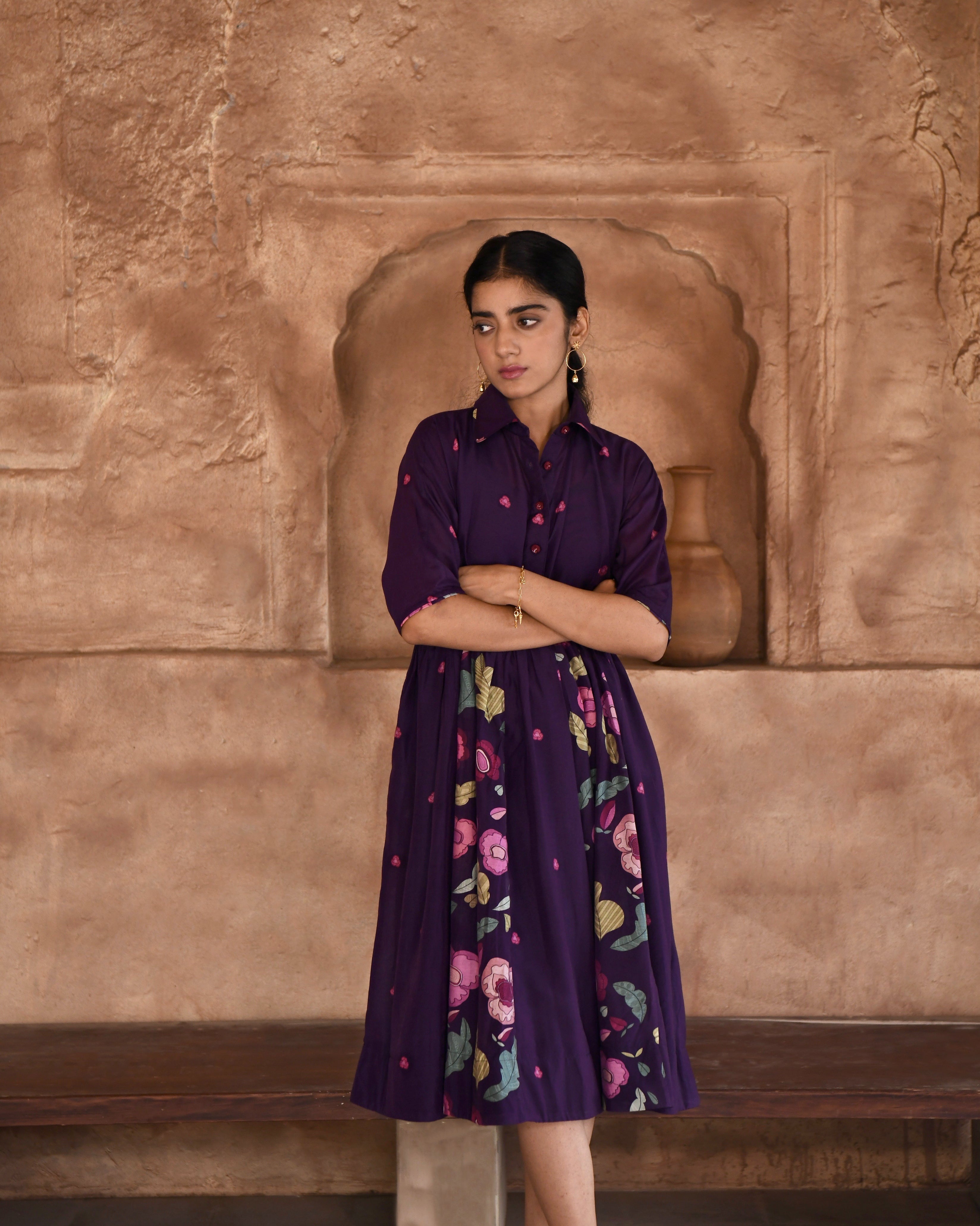 Purple Chanderi Silk Shirt Dress by Taro with Azo Free Dyes, Chanderi Silk, Garden of Dreams by Taro, Garden of Dreams by The Loom Art, July Sale, July Sale 2023, Office Wear, Prints, Purple, Relaxed Fit, Shirt Dresses, Womenswear at Kamakhyaa for sustainable fashion