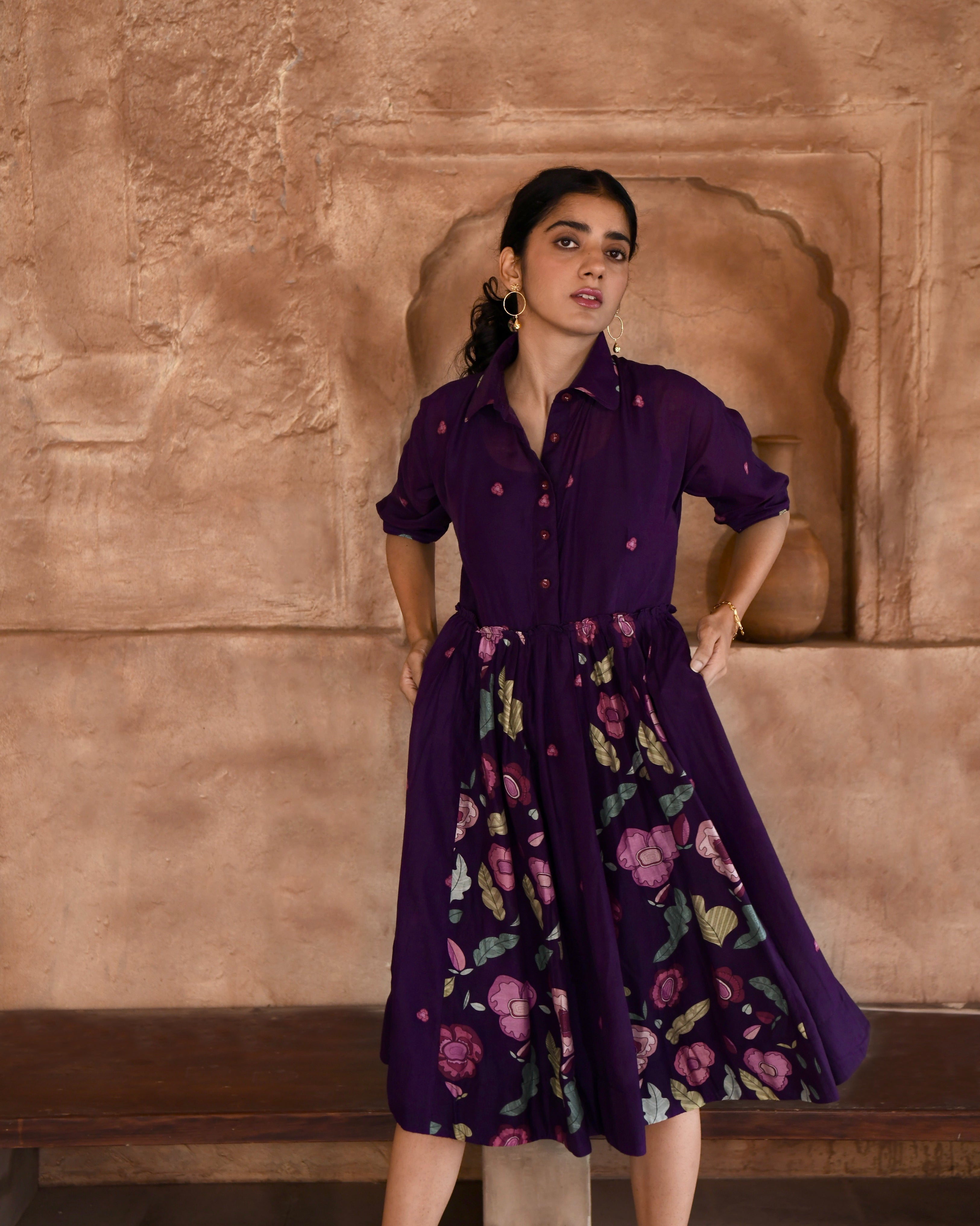 Purple Chanderi Silk Shirt Dress by Taro with Azo Free Dyes, Chanderi Silk, Garden of Dreams by Taro, Garden of Dreams by The Loom Art, July Sale, July Sale 2023, Office Wear, Prints, Purple, Relaxed Fit, Shirt Dresses, Womenswear at Kamakhyaa for sustainable fashion