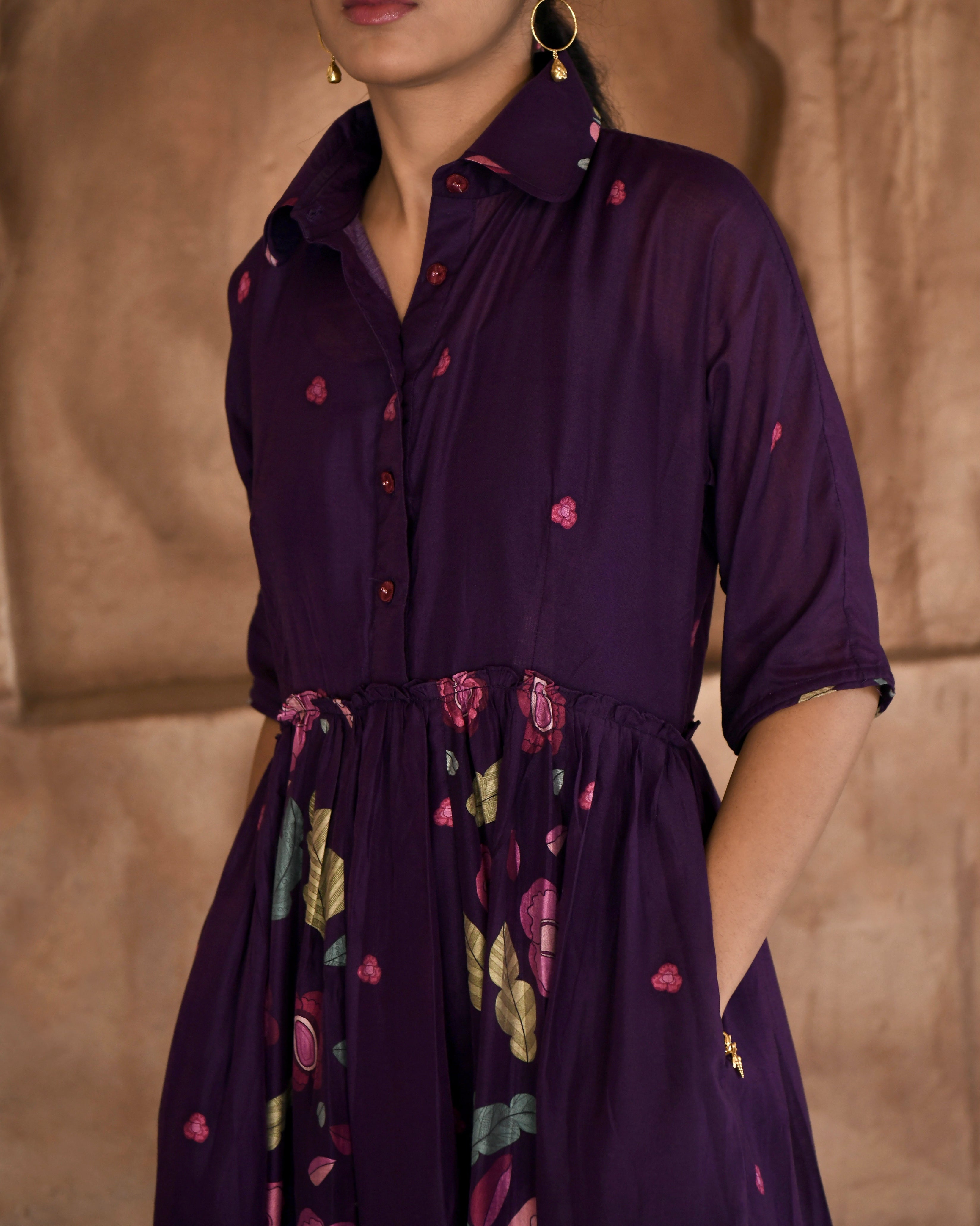 Purple Chanderi Silk Shirt Dress by Taro with Azo Free Dyes, Chanderi Silk, Garden of Dreams by Taro, Garden of Dreams by The Loom Art, July Sale, July Sale 2023, Office Wear, Prints, Purple, Relaxed Fit, Shirt Dresses, Womenswear at Kamakhyaa for sustainable fashion