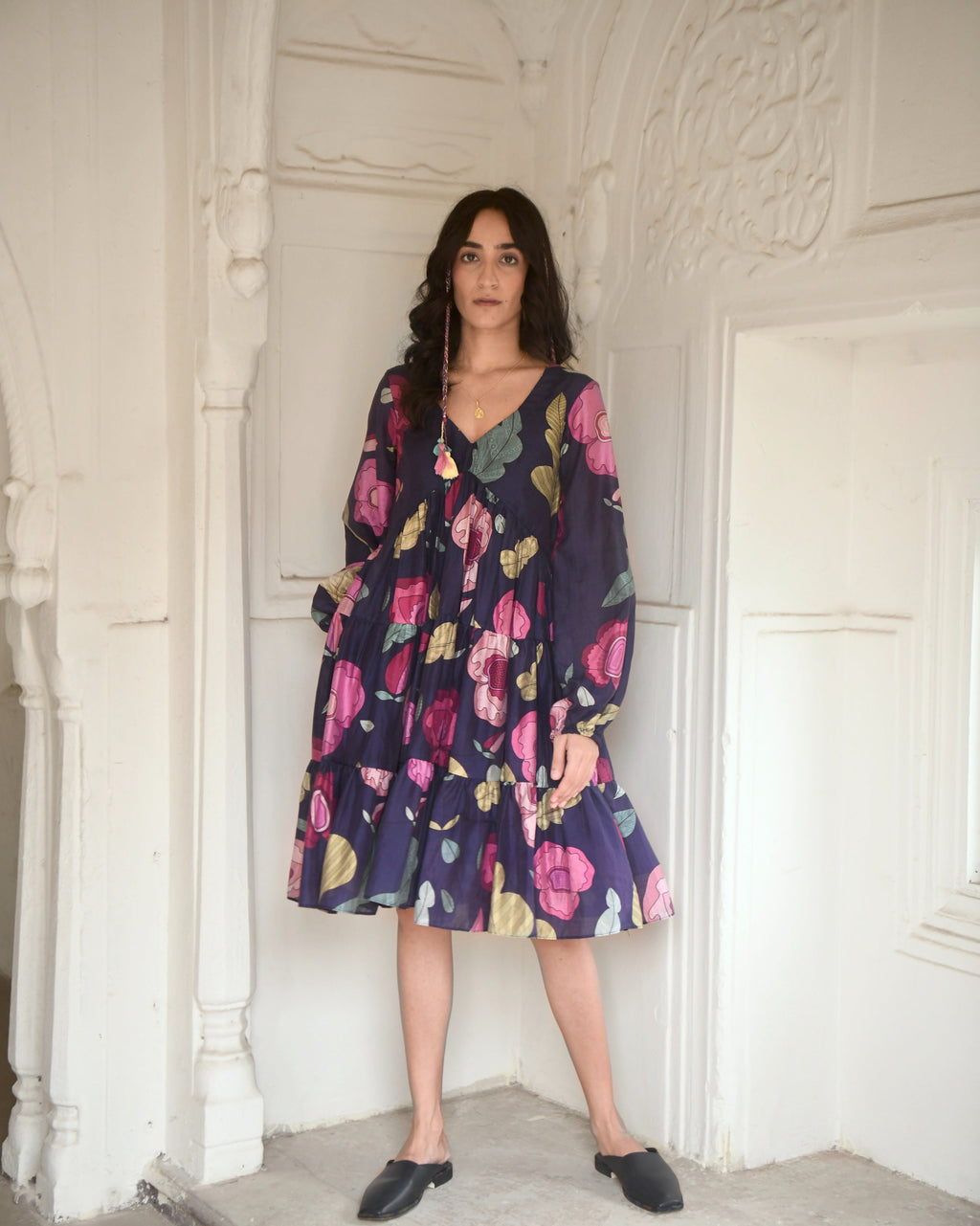 Blue Tiered Dress by Taro with Azo Free Dyes, Best Selling, Blue, Chanderi Silk, Evening Wear, FB ADS JUNE, For Anniversary, Garden of Dreams by Taro, Garden of Dreams by The Loom Art, July Sale, July Sale 2023, Midi Dresses, Prints, Relaxed Fit, Tiered Dresses, Womenswear at Kamakhyaa for sustainable fashion