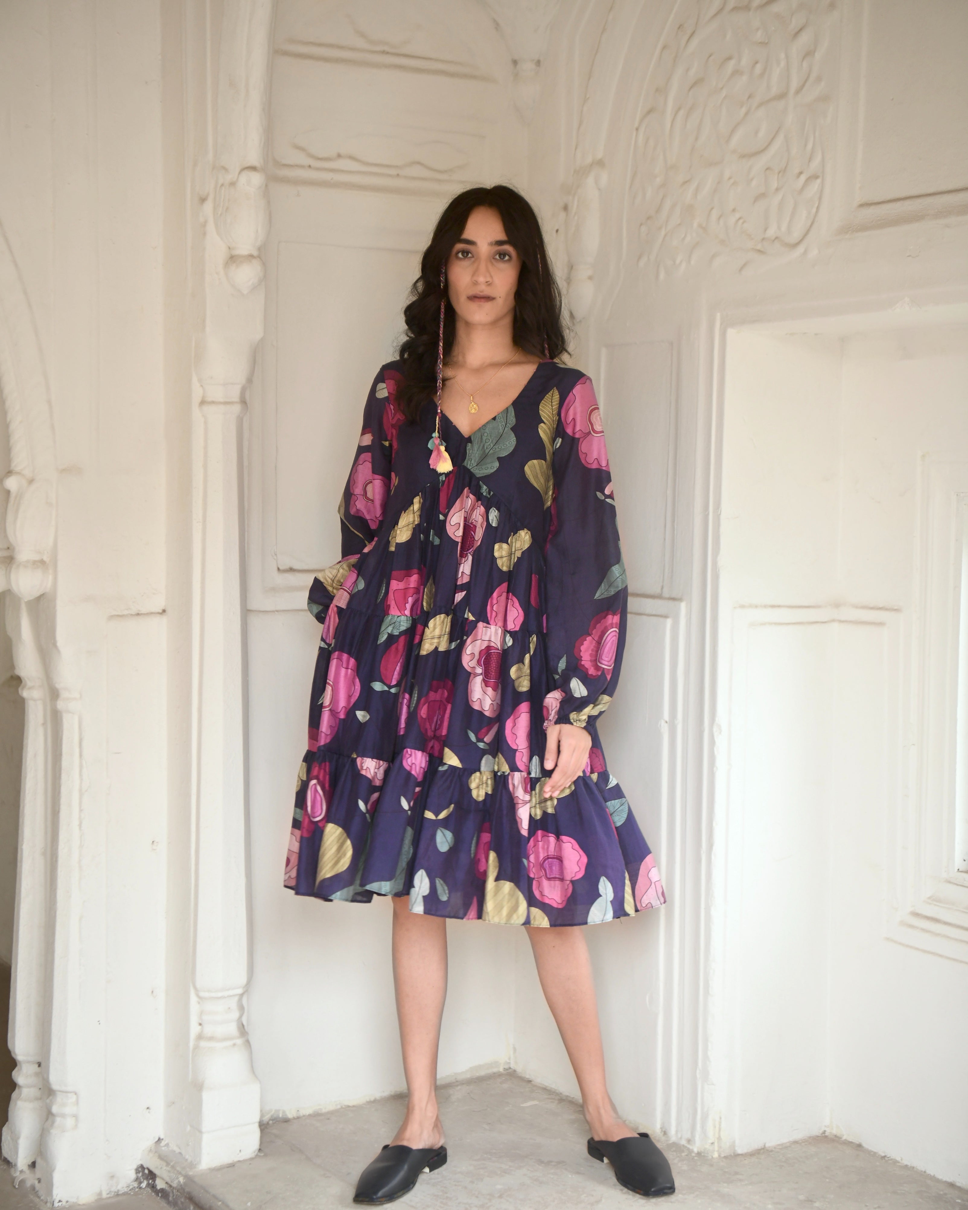 Blue Tiered Dress by Taro with Azo Free Dyes, Best Selling, Blue, Chanderi Silk, Evening Wear, FB ADS JUNE, For Anniversary, Garden of Dreams by Taro, Garden of Dreams by The Loom Art, July Sale, July Sale 2023, Midi Dresses, Prints, Relaxed Fit, Tiered Dresses, Womenswear at Kamakhyaa for sustainable fashion