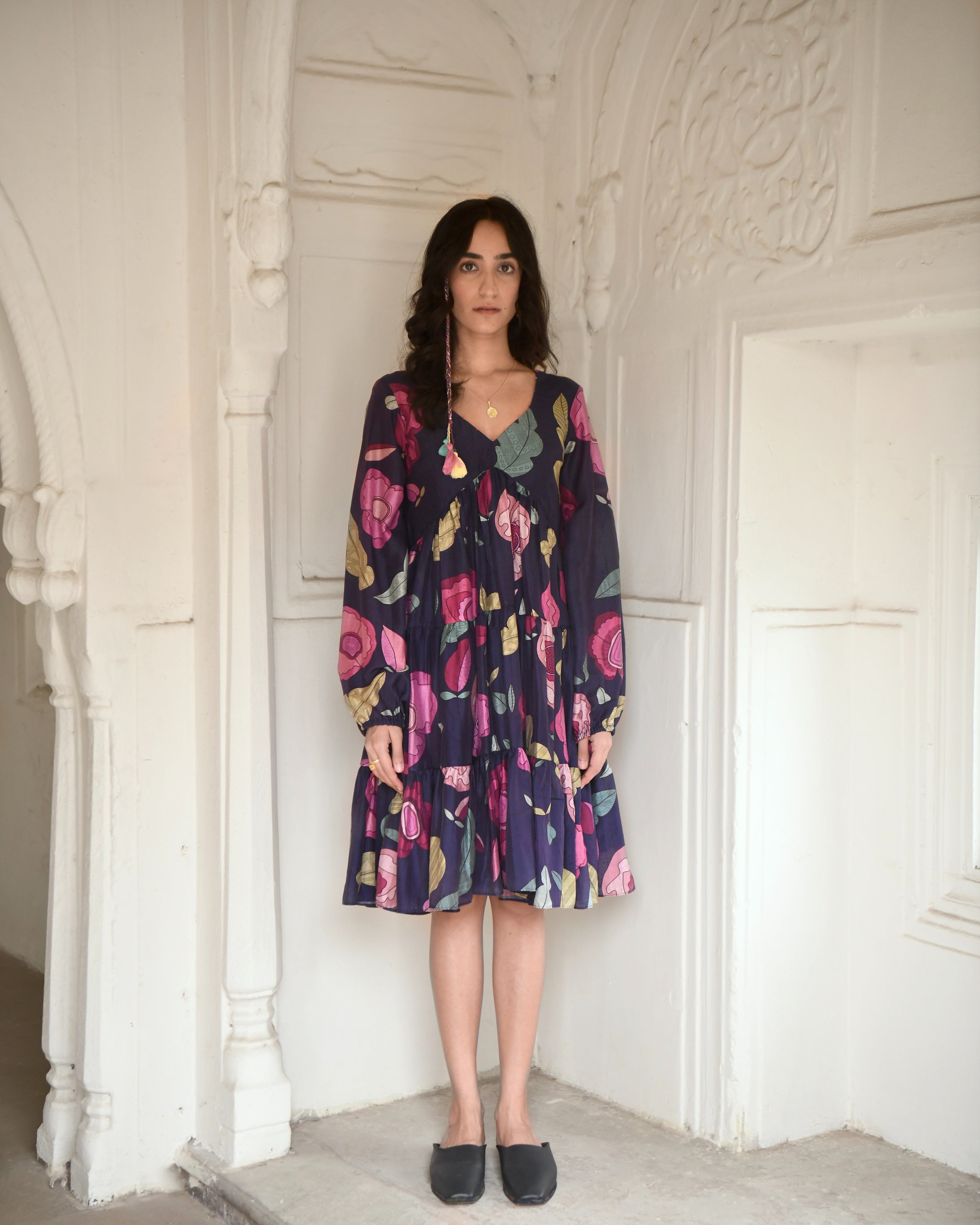 Blue Tiered Dress by Taro with Azo Free Dyes, Best Selling, Blue, Chanderi Silk, Evening Wear, FB ADS JUNE, For Anniversary, Garden of Dreams by Taro, Garden of Dreams by The Loom Art, July Sale, July Sale 2023, Midi Dresses, Prints, Relaxed Fit, Tiered Dresses, Womenswear at Kamakhyaa for sustainable fashion