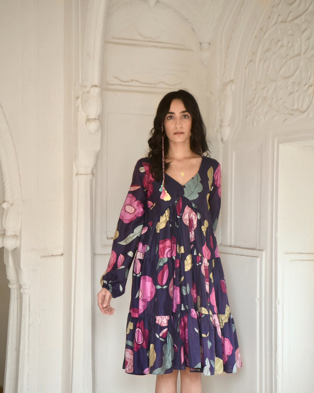 Blue Tiered Dress by Taro with Azo Free Dyes, Best Selling, Blue, Chanderi Silk, Evening Wear, FB ADS JUNE, For Anniversary, Garden of Dreams by Taro, Garden of Dreams by The Loom Art, July Sale, July Sale 2023, Midi Dresses, Prints, Relaxed Fit, Tiered Dresses, Womenswear at Kamakhyaa for sustainable fashion