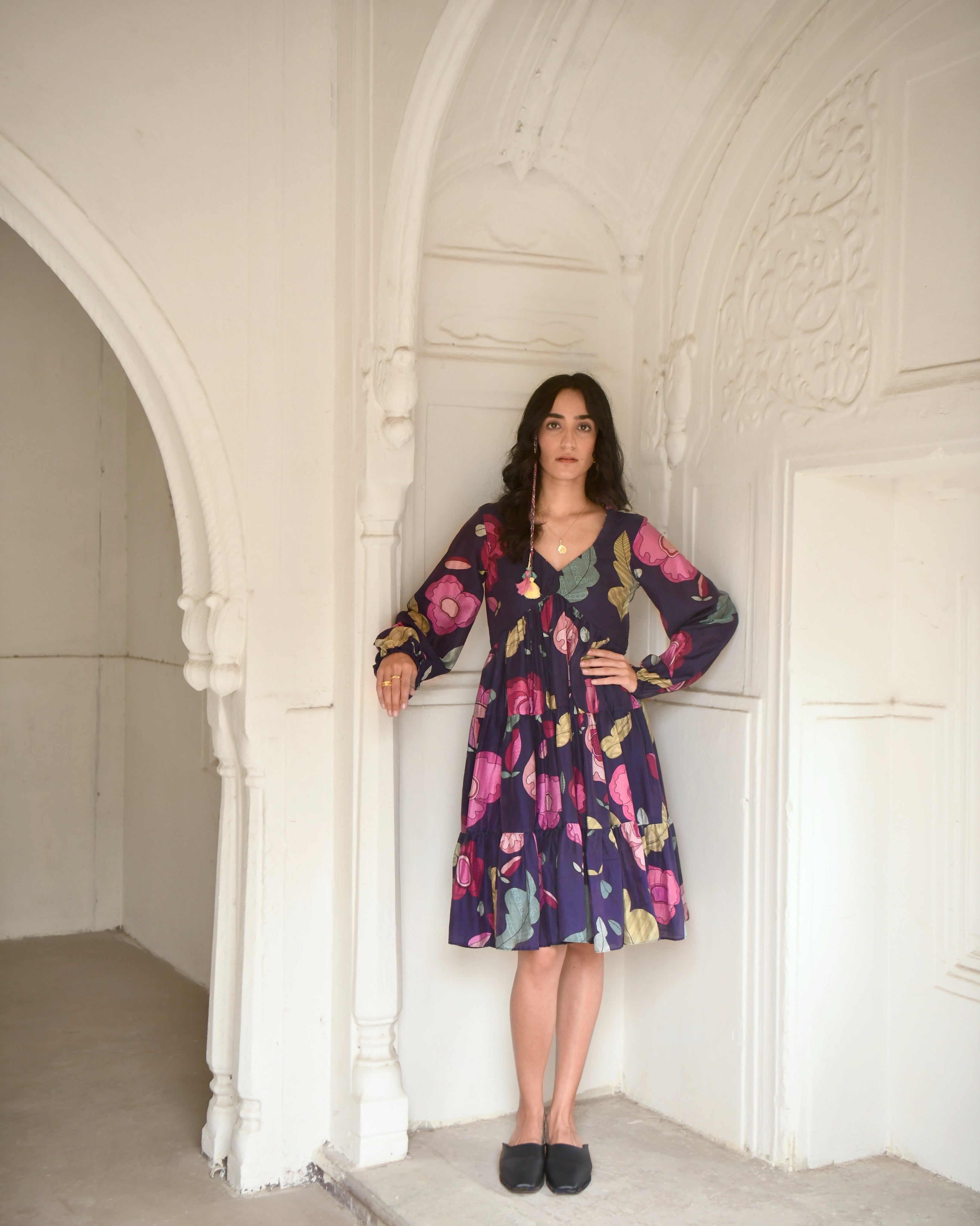 Blue Tiered Dress by Taro with Azo Free Dyes, Best Selling, Blue, Chanderi Silk, Evening Wear, FB ADS JUNE, For Anniversary, Garden of Dreams by Taro, Garden of Dreams by The Loom Art, July Sale, July Sale 2023, Midi Dresses, Prints, Relaxed Fit, Tiered Dresses, Womenswear at Kamakhyaa for sustainable fashion