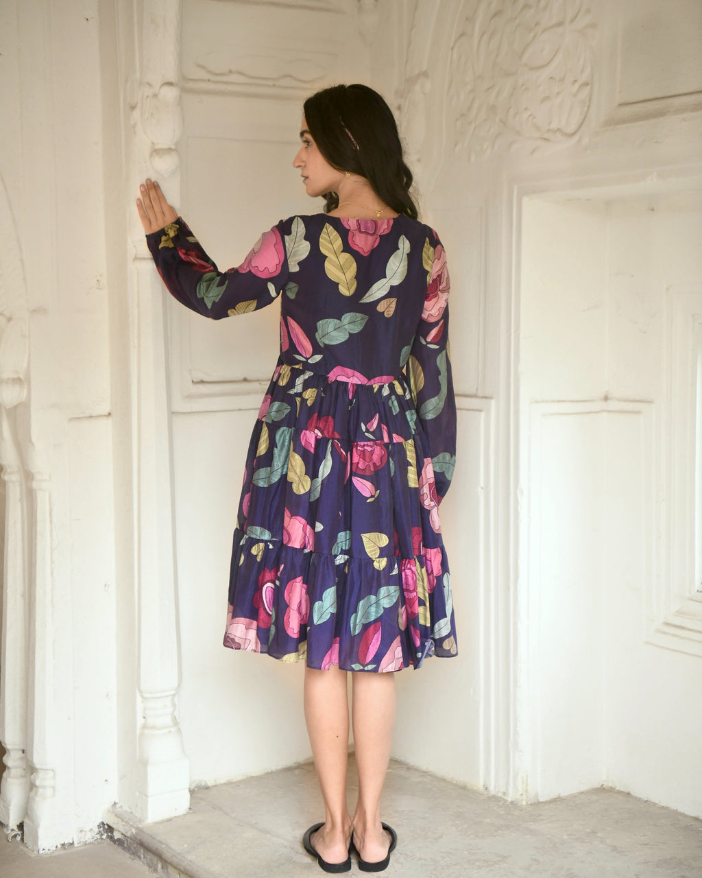 Blue Tiered Dress by Taro with Azo Free Dyes, Best Selling, Blue, Chanderi Silk, Evening Wear, FB ADS JUNE, For Anniversary, Garden of Dreams by Taro, Garden of Dreams by The Loom Art, July Sale, July Sale 2023, Midi Dresses, Prints, Relaxed Fit, Tiered Dresses, Womenswear at Kamakhyaa for sustainable fashion