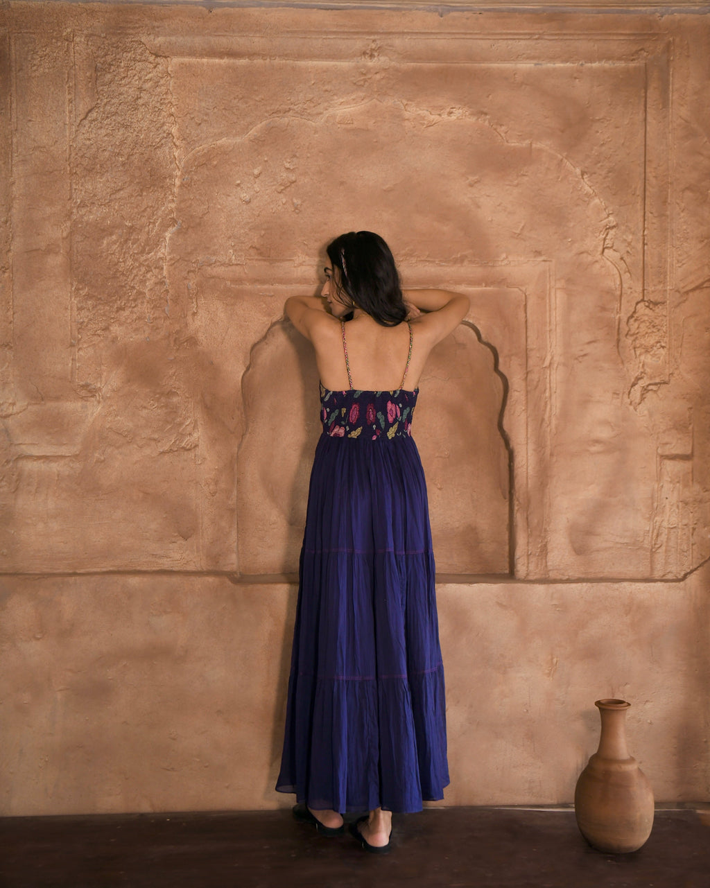 Blue Printed Maxi Dress by Taro with Azo Free Dyes, Best Selling, Blue, Chanderi Silk, FB ADS JUNE, Fitted At Bust, For Daughter, Garden of Dreams by Taro, Garden of Dreams by The Loom Art, July Sale, July Sale 2023, Maxi Dresses, Mulmul, Prints, Resort Wear, Sleeveless Dresses, Strap Dresses, Womenswear at Kamakhyaa for sustainable fashion