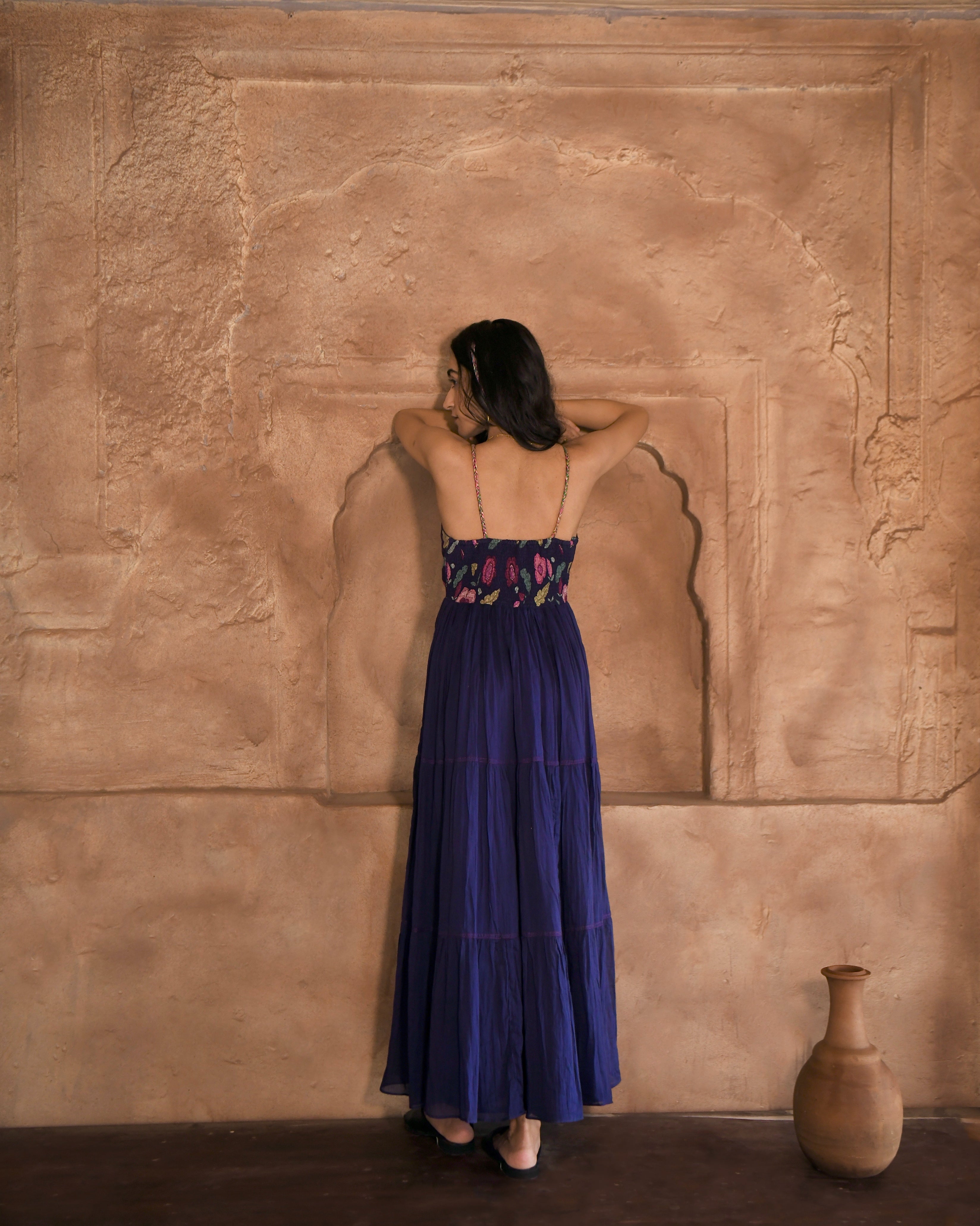 Blue Printed Maxi Dress by Taro with Azo Free Dyes, Best Selling, Blue, Chanderi Silk, FB ADS JUNE, Fitted At Bust, For Daughter, Garden of Dreams by Taro, Garden of Dreams by The Loom Art, July Sale, July Sale 2023, Maxi Dresses, Mulmul, Prints, Resort Wear, Sleeveless Dresses, Strap Dresses, Womenswear at Kamakhyaa for sustainable fashion