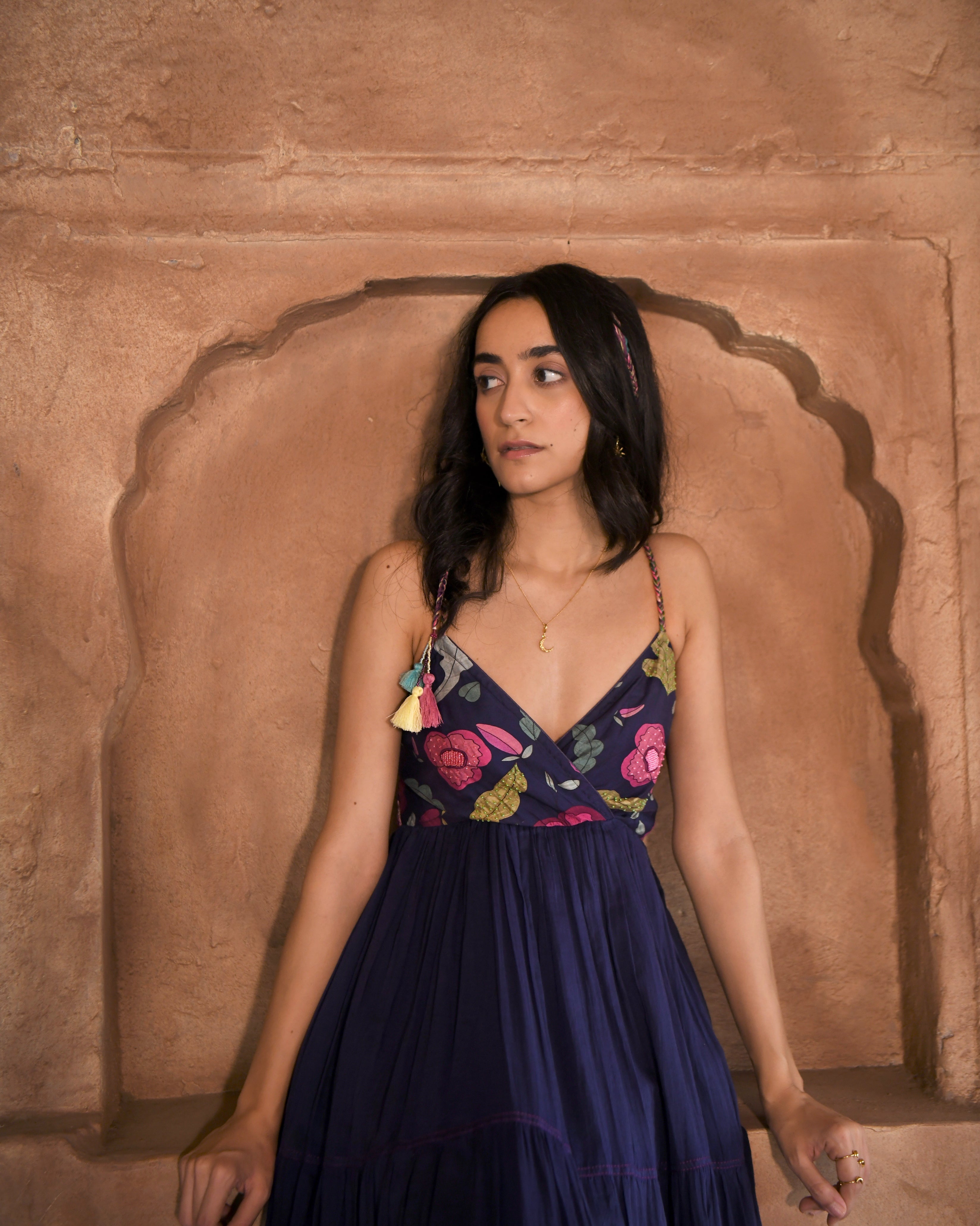 Blue Printed Maxi Dress by Taro with Azo Free Dyes, Best Selling, Blue, Chanderi Silk, FB ADS JUNE, Fitted At Bust, For Daughter, Garden of Dreams by Taro, Garden of Dreams by The Loom Art, July Sale, July Sale 2023, Maxi Dresses, Mulmul, Prints, Resort Wear, Sleeveless Dresses, Strap Dresses, Womenswear at Kamakhyaa for sustainable fashion