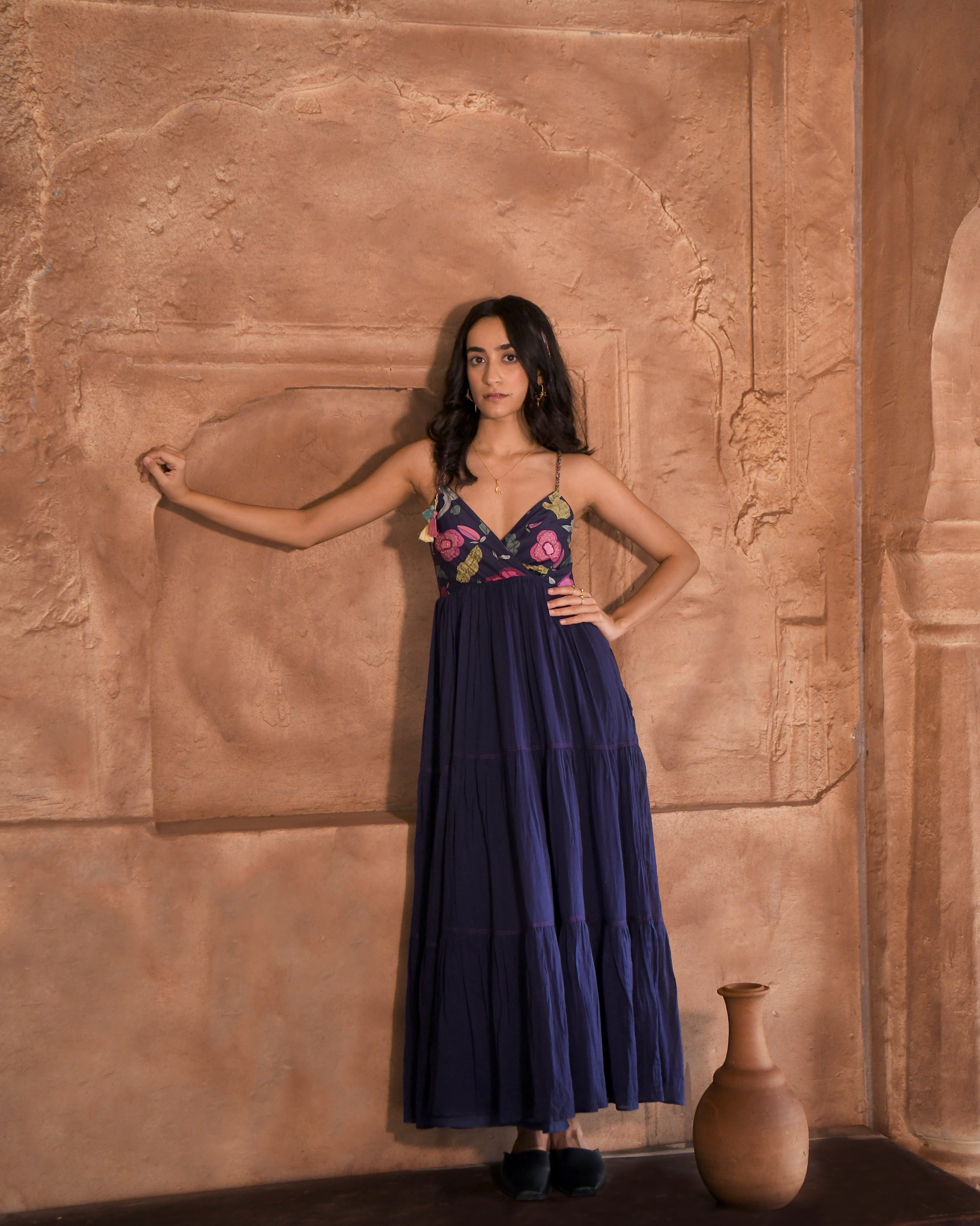 Blue Printed Maxi Dress by Taro with Azo Free Dyes, Best Selling, Blue, Chanderi Silk, FB ADS JUNE, Fitted At Bust, For Daughter, Garden of Dreams by Taro, Garden of Dreams by The Loom Art, July Sale, July Sale 2023, Maxi Dresses, Mulmul, Prints, Resort Wear, Sleeveless Dresses, Strap Dresses, Womenswear at Kamakhyaa for sustainable fashion