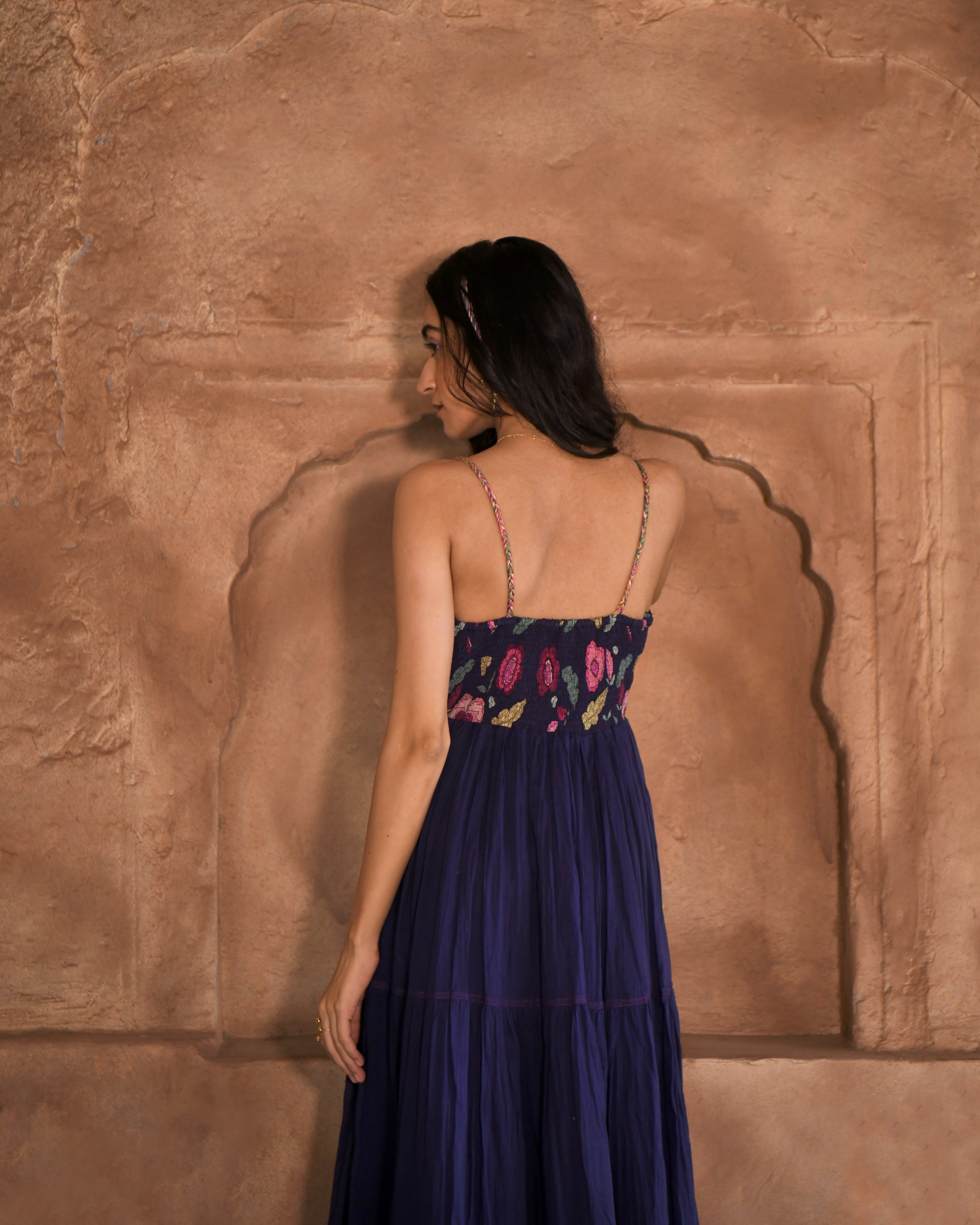 Blue Printed Maxi Dress by Taro with Azo Free Dyes, Best Selling, Blue, Chanderi Silk, FB ADS JUNE, Fitted At Bust, For Daughter, Garden of Dreams by Taro, Garden of Dreams by The Loom Art, July Sale, July Sale 2023, Maxi Dresses, Mulmul, Prints, Resort Wear, Sleeveless Dresses, Strap Dresses, Womenswear at Kamakhyaa for sustainable fashion