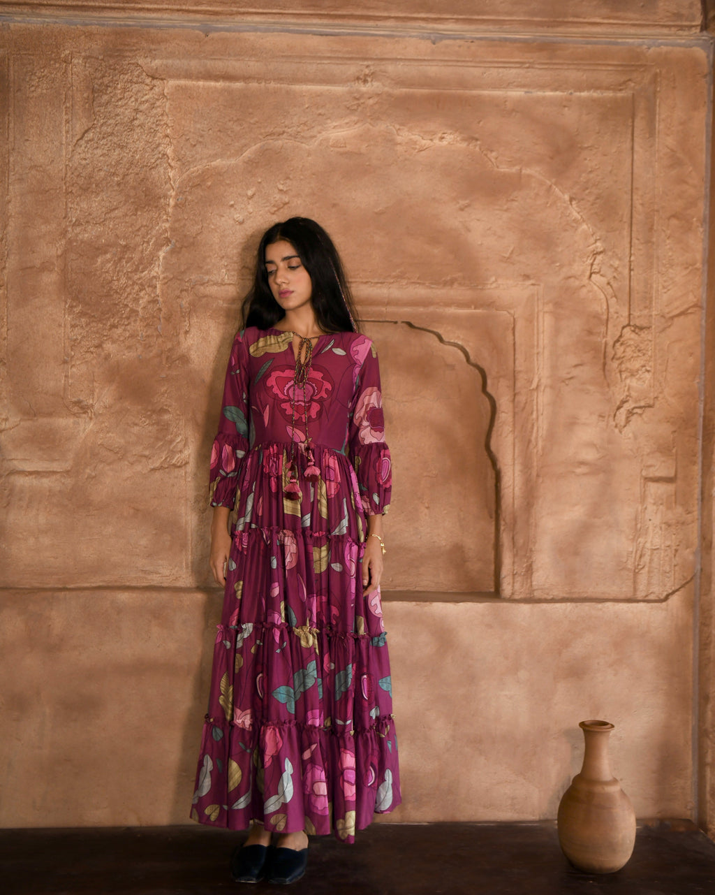 Red Maxi Dress by Taro with Azo Free Dyes, Best Selling, Chanderi Silk, FB ADS JUNE, Floral, Fusion Wear, Garden of Dreams by Taro, Garden of Dreams by The Loom Art, July Sale, July Sale 2023, Maxi Dresses, Prints, Purple, Relaxed Fit, Tiered Dresses, Womenswear at Kamakhyaa for sustainable fashion
