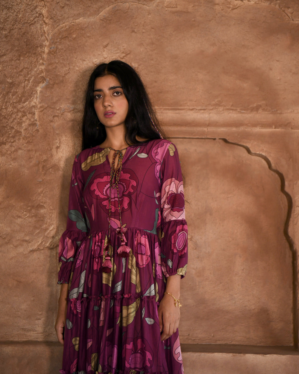 Red Maxi Dress by Taro with Azo Free Dyes, Best Selling, Chanderi Silk, FB ADS JUNE, Floral, Fusion Wear, Garden of Dreams by Taro, Garden of Dreams by The Loom Art, July Sale, July Sale 2023, Maxi Dresses, Prints, Purple, Relaxed Fit, Tiered Dresses, Womenswear at Kamakhyaa for sustainable fashion