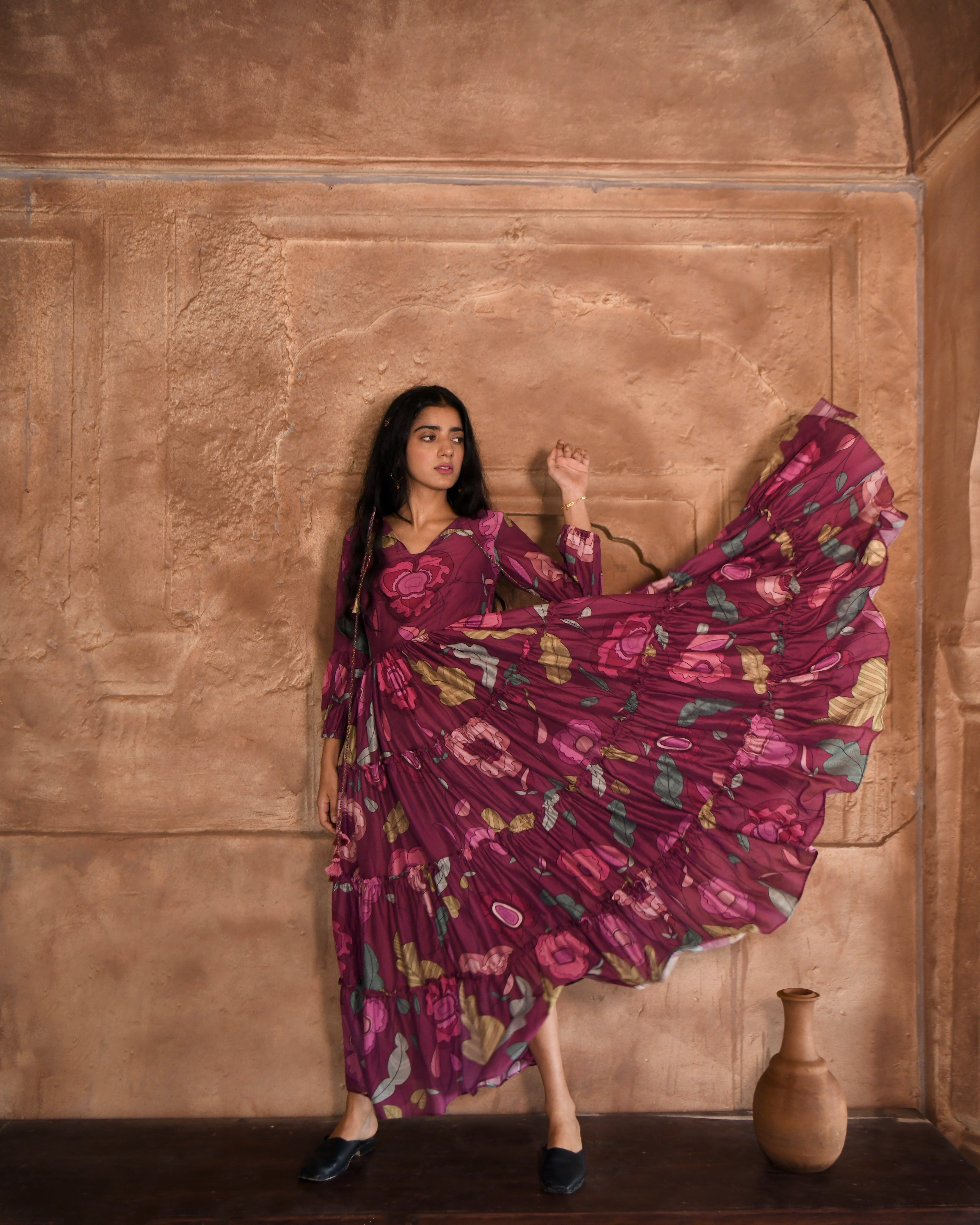 Red Maxi Dress by Taro with Azo Free Dyes, Best Selling, Chanderi Silk, FB ADS JUNE, Floral, Fusion Wear, Garden of Dreams by Taro, Garden of Dreams by The Loom Art, July Sale, July Sale 2023, Maxi Dresses, Prints, Purple, Relaxed Fit, Tiered Dresses, Womenswear at Kamakhyaa for sustainable fashion