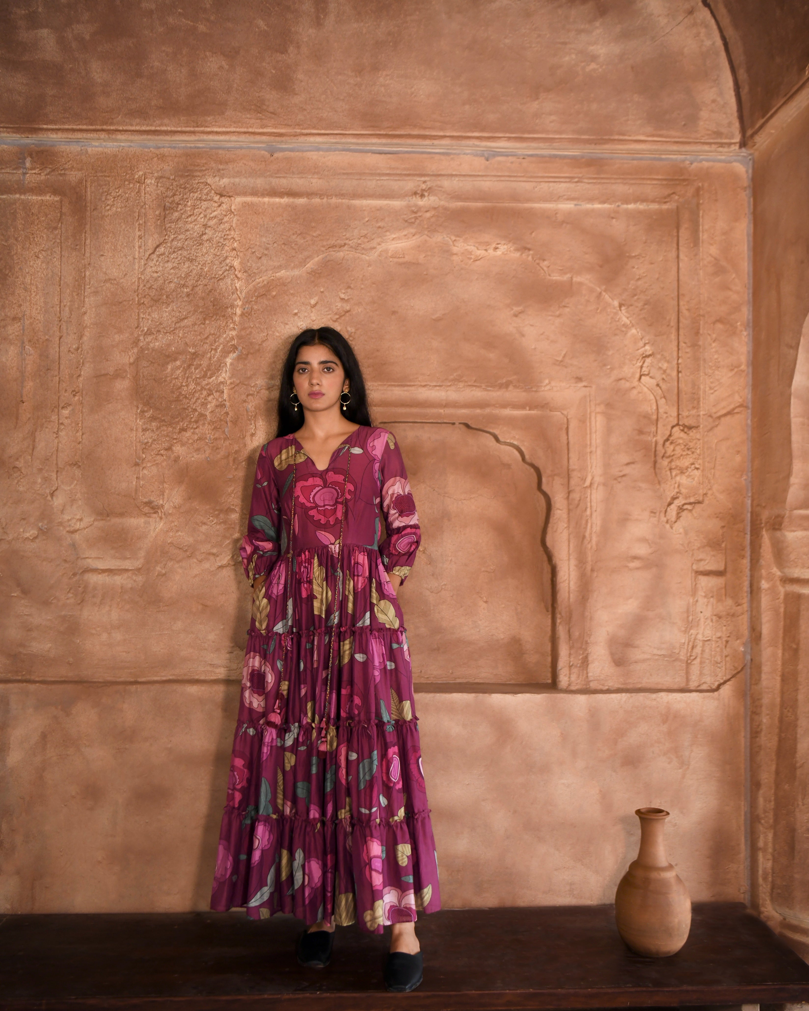 Red Maxi Dress by Taro with Azo Free Dyes, Best Selling, Chanderi Silk, FB ADS JUNE, Floral, Fusion Wear, Garden of Dreams by Taro, Garden of Dreams by The Loom Art, July Sale, July Sale 2023, Maxi Dresses, Prints, Purple, Relaxed Fit, Tiered Dresses, Womenswear at Kamakhyaa for sustainable fashion