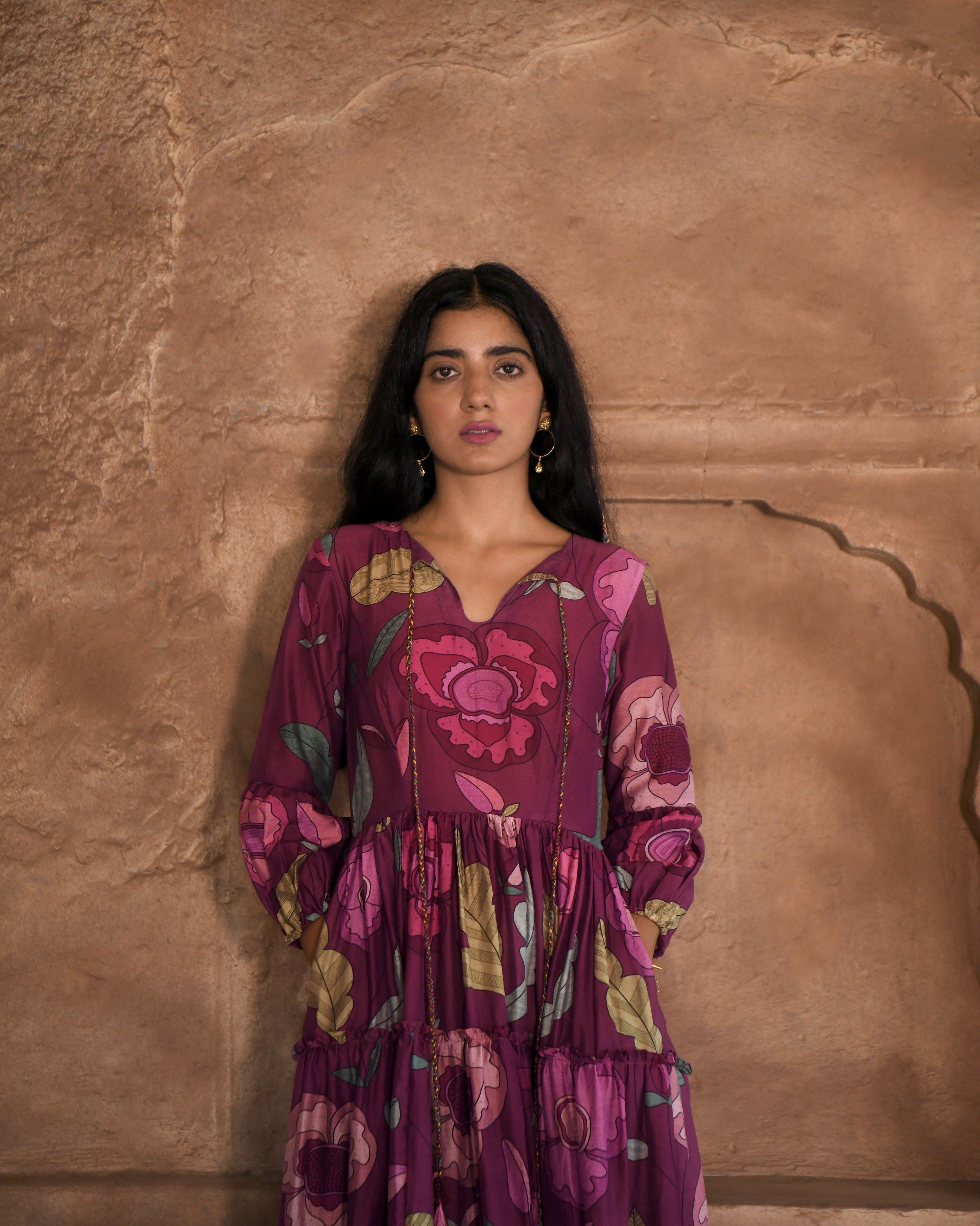 Red Maxi Dress by Taro with Azo Free Dyes, Best Selling, Chanderi Silk, FB ADS JUNE, Floral, Fusion Wear, Garden of Dreams by Taro, Garden of Dreams by The Loom Art, July Sale, July Sale 2023, Maxi Dresses, Prints, Purple, Relaxed Fit, Tiered Dresses, Womenswear at Kamakhyaa for sustainable fashion