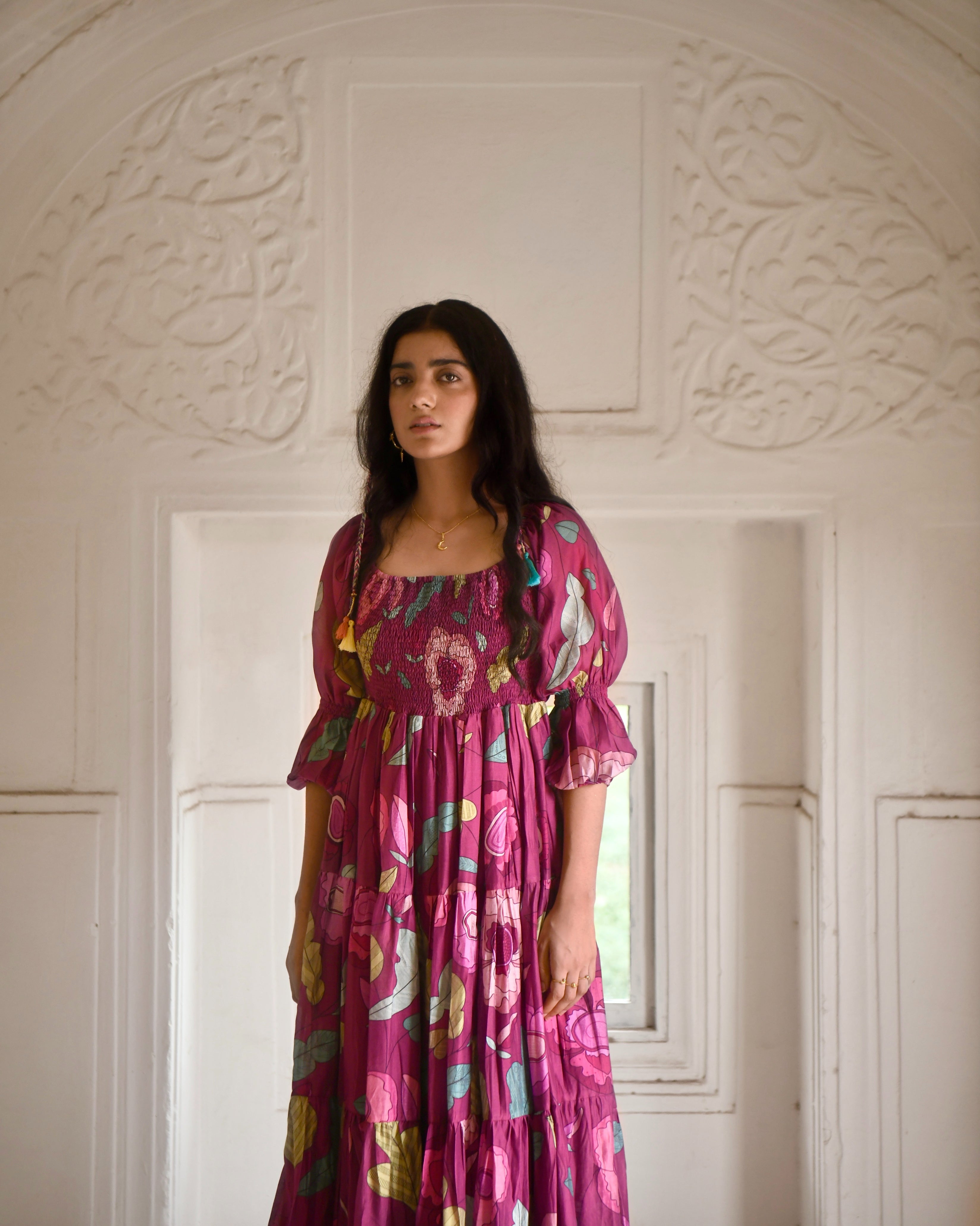 Red Tiered Dress by Taro with Azo Free Dyes, Chanderi Silk, Festive Wear, Fitted At Bust, Floral, Garden of Dreams by Taro, Garden of Dreams by The Loom Art, July Sale, July Sale 2023, Maxi Dresses, Prints, Purple, Tiered Dresses, Womenswear at Kamakhyaa for sustainable fashion