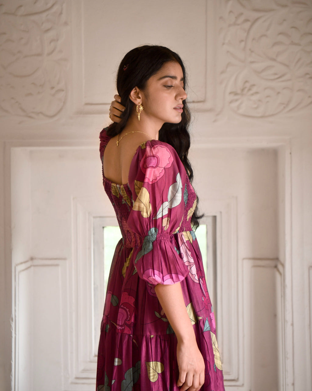 Red Tiered Dress by Taro with Azo Free Dyes, Chanderi Silk, Festive Wear, Fitted At Bust, Floral, Garden of Dreams by Taro, Garden of Dreams by The Loom Art, July Sale, July Sale 2023, Maxi Dresses, Prints, Purple, Tiered Dresses, Womenswear at Kamakhyaa for sustainable fashion