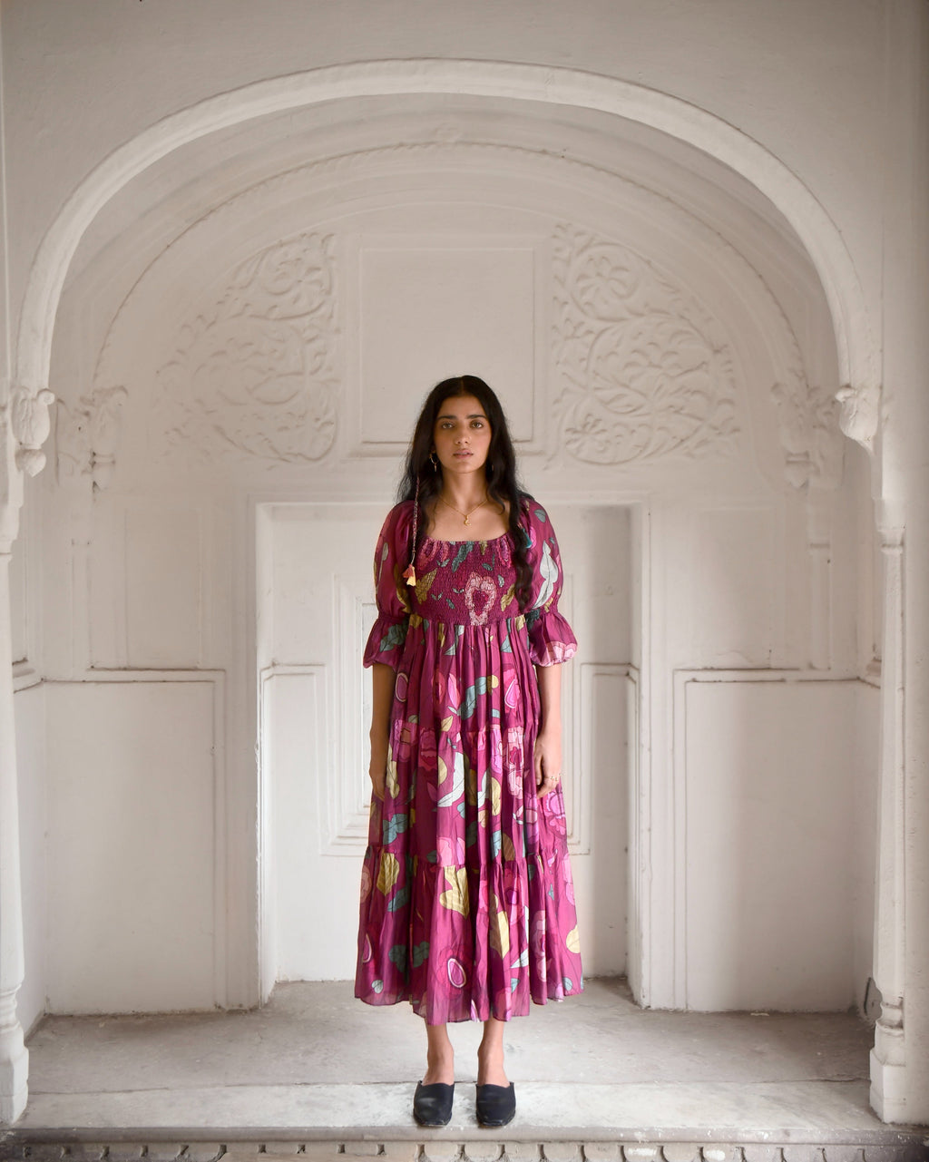 Red Tiered Dress by Taro with Azo Free Dyes, Chanderi Silk, Festive Wear, Fitted At Bust, Floral, Garden of Dreams by Taro, Garden of Dreams by The Loom Art, July Sale, July Sale 2023, Maxi Dresses, Prints, Purple, Tiered Dresses, Womenswear at Kamakhyaa for sustainable fashion
