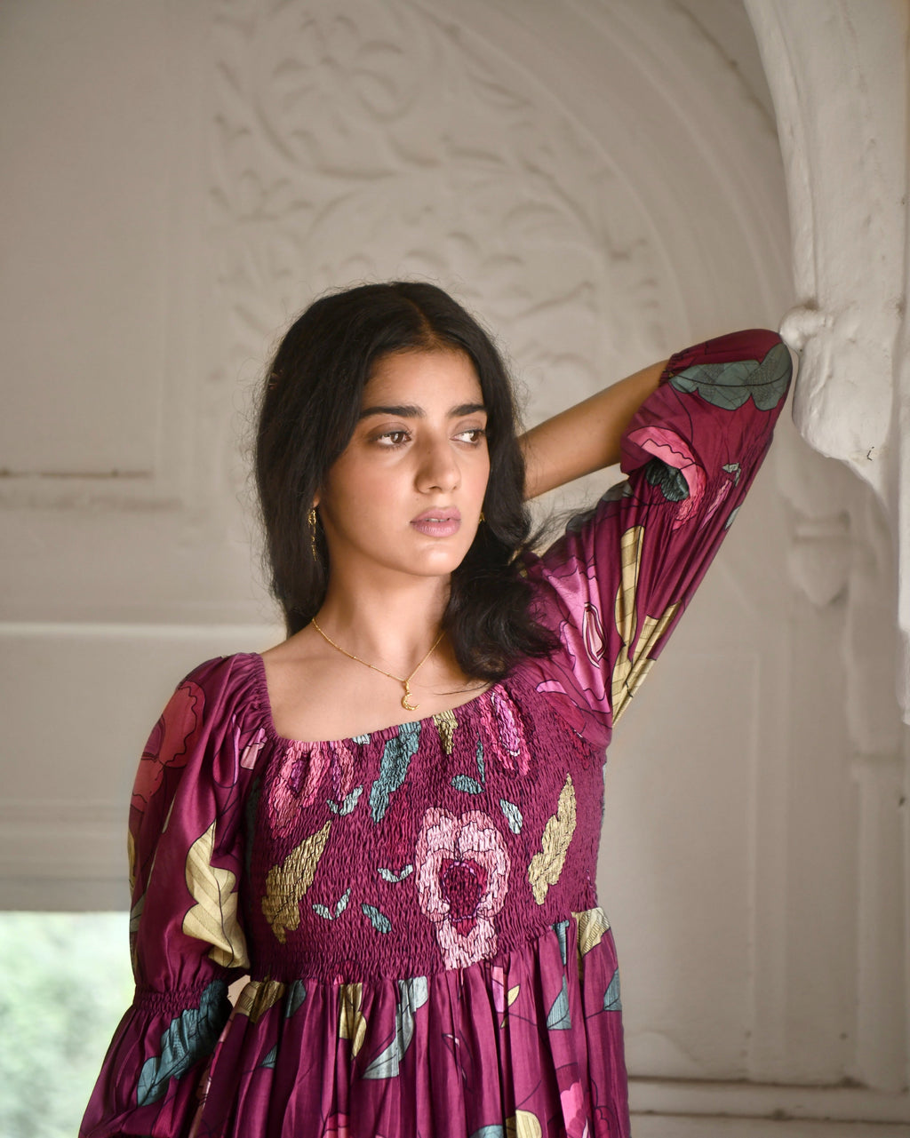 Red Tiered Dress by Taro with Azo Free Dyes, Chanderi Silk, Festive Wear, Fitted At Bust, Floral, Garden of Dreams by Taro, Garden of Dreams by The Loom Art, July Sale, July Sale 2023, Maxi Dresses, Prints, Purple, Tiered Dresses, Womenswear at Kamakhyaa for sustainable fashion