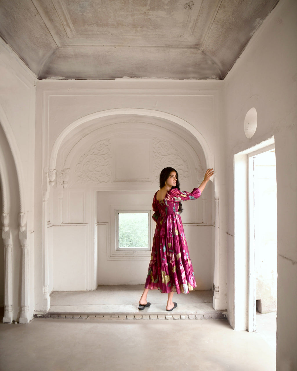 Red Tiered Dress by Taro with Azo Free Dyes, Chanderi Silk, Festive Wear, Fitted At Bust, Floral, Garden of Dreams by Taro, Garden of Dreams by The Loom Art, July Sale, July Sale 2023, Maxi Dresses, Prints, Purple, Tiered Dresses, Womenswear at Kamakhyaa for sustainable fashion