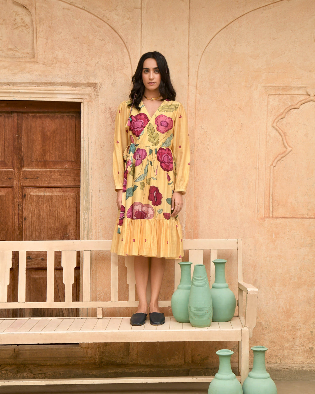 Yellow Printed Midi Dress by Taro with Azo Free Dyes, Chanderi Silk, Evening Wear, Garden of Dreams by Taro, Garden of Dreams by The Loom Art, July Sale, July Sale 2023, Midi Dresses, Prints, Relaxed Fit, Womenswear, Wrap Dresses, Yellow at Kamakhyaa for sustainable fashion