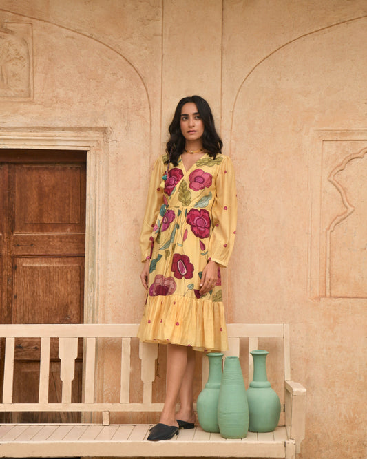Yellow Printed Midi Dress by Taro with Azo Free Dyes, Chanderi Silk, Evening Wear, Garden of Dreams by Taro, Garden of Dreams by The Loom Art, July Sale, July Sale 2023, Midi Dresses, Prints, Relaxed Fit, Womenswear, Wrap Dresses, Yellow at Kamakhyaa for sustainable fashion