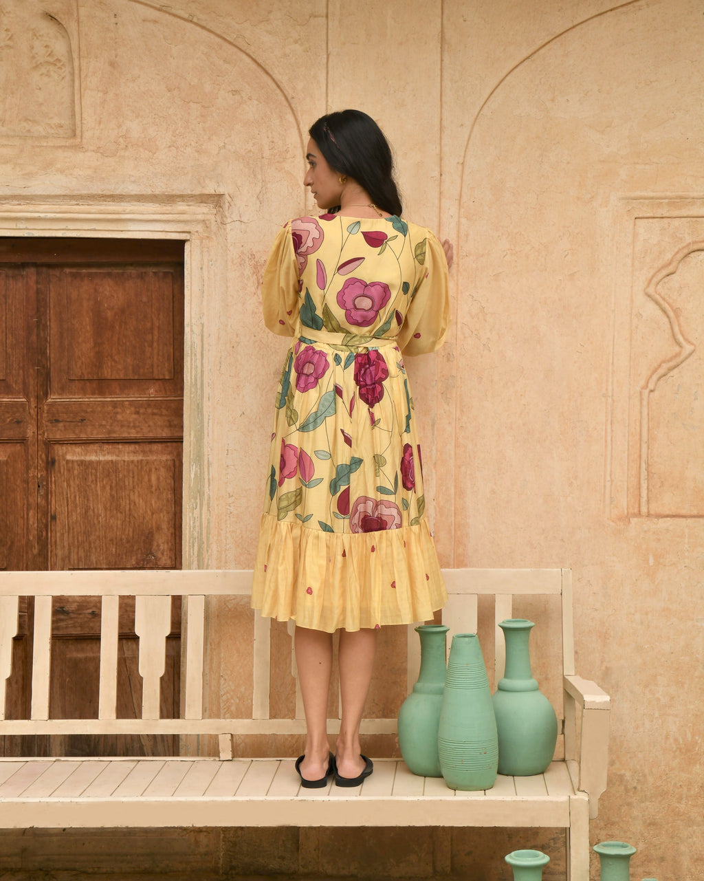 Yellow Printed Midi Dress by Taro with Azo Free Dyes, Chanderi Silk, Evening Wear, Garden of Dreams by Taro, Garden of Dreams by The Loom Art, July Sale, July Sale 2023, Midi Dresses, Prints, Relaxed Fit, Womenswear, Wrap Dresses, Yellow at Kamakhyaa for sustainable fashion