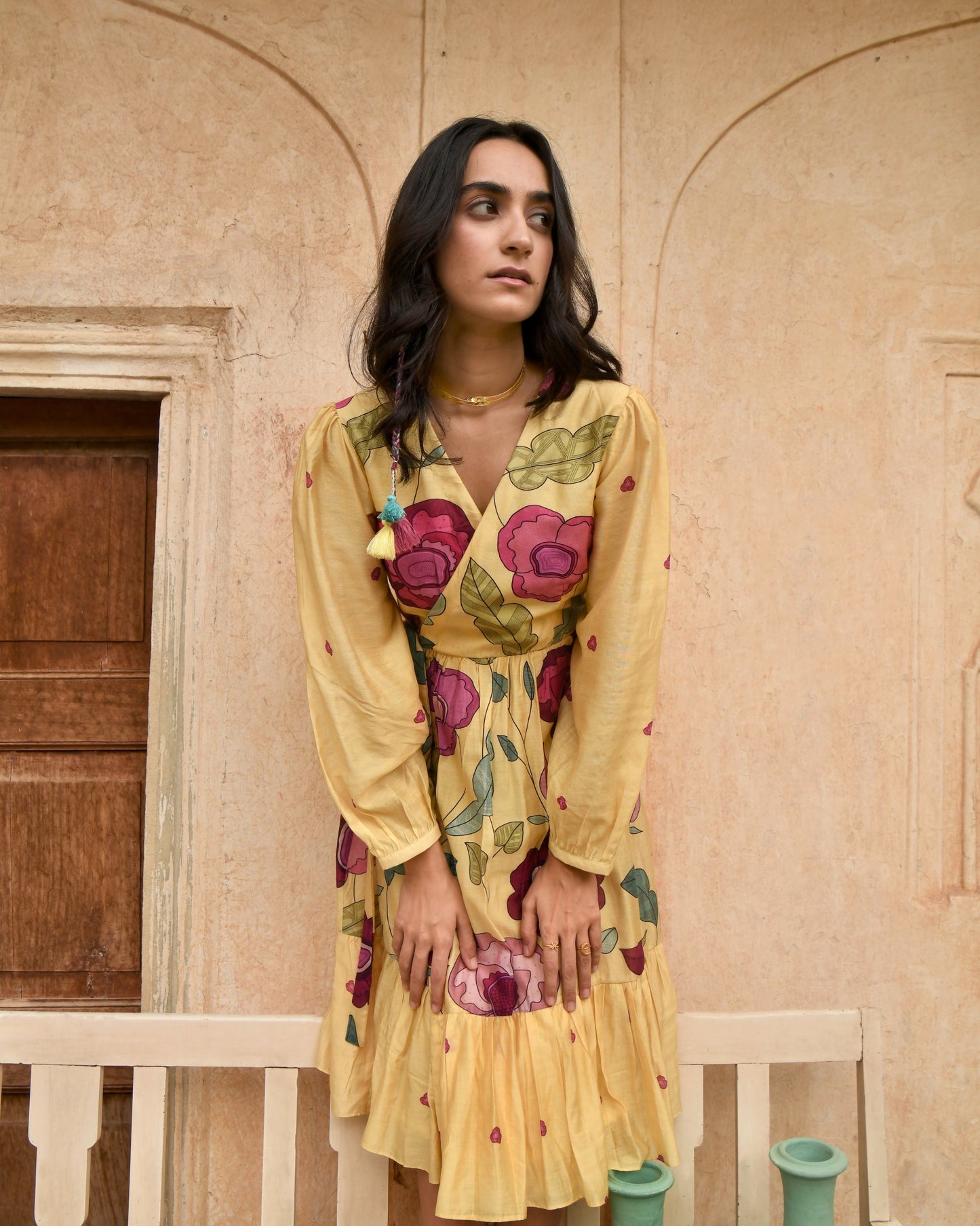 Yellow Printed Midi Dress by Taro with Azo Free Dyes, Chanderi Silk, Evening Wear, Garden of Dreams by Taro, Garden of Dreams by The Loom Art, July Sale, July Sale 2023, Midi Dresses, Prints, Relaxed Fit, Womenswear, Wrap Dresses, Yellow at Kamakhyaa for sustainable fashion