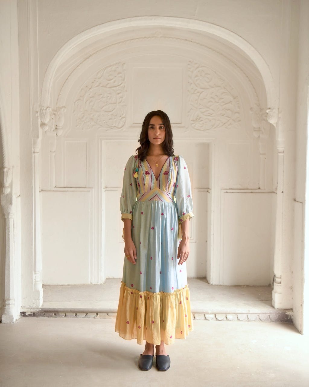 Blue Maxi Dress by Taro with Azo Free Dyes, Blue, Casual Wear, Chanderi Silk, Fitted At Waist, Garden of Dreams by Taro, Garden of Dreams by The Loom Art, July Sale, July Sale 2023, Maxi Dresses, Prints, Tiered Dresses, Womenswear at Kamakhyaa for sustainable fashion
