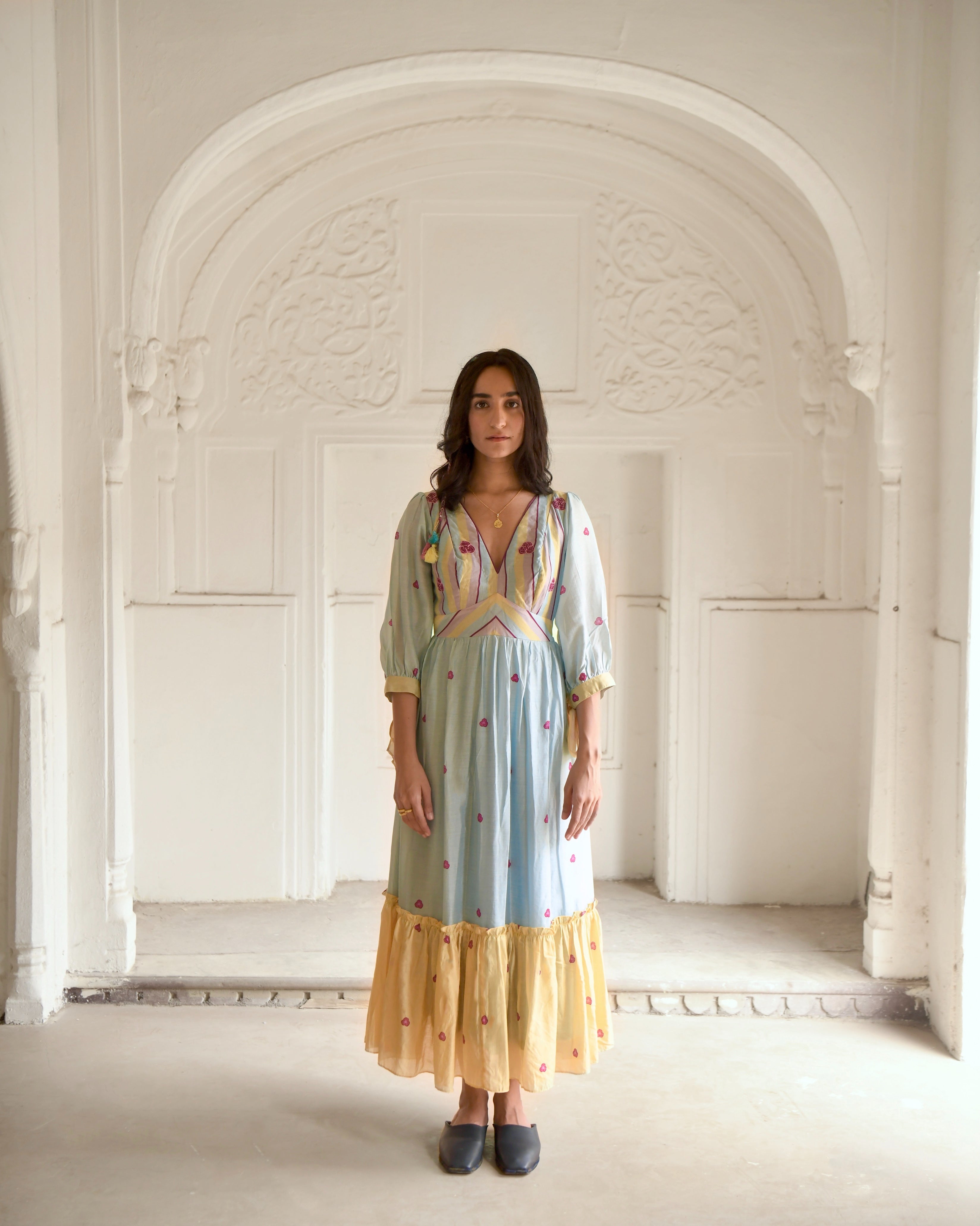 Blue Maxi Dress by Taro with Azo Free Dyes, Blue, Casual Wear, Chanderi Silk, Fitted At Waist, Garden of Dreams by Taro, Garden of Dreams by The Loom Art, July Sale, July Sale 2023, Maxi Dresses, Prints, Tiered Dresses, Womenswear at Kamakhyaa for sustainable fashion