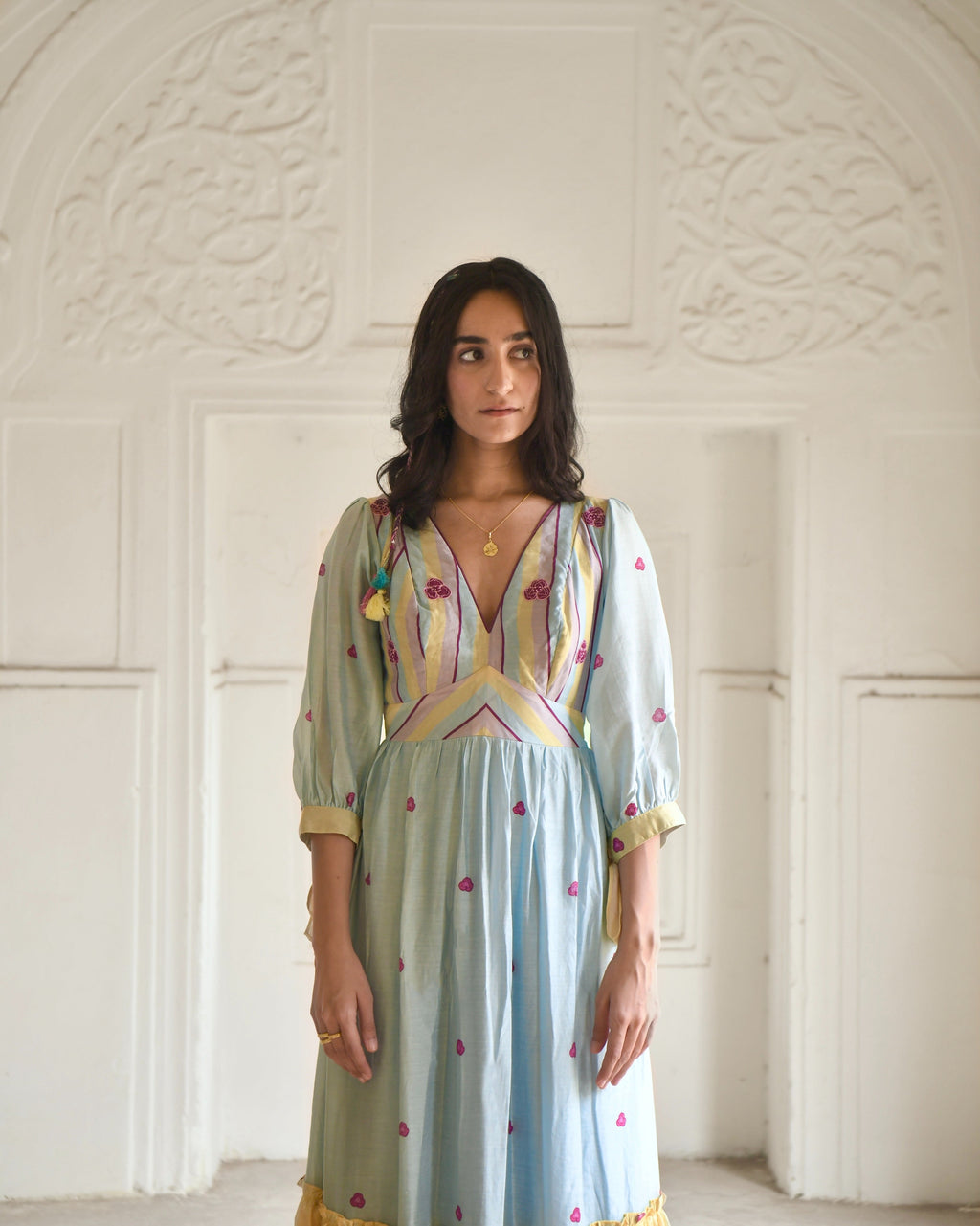 Blue Maxi Dress by Taro with Azo Free Dyes, Blue, Casual Wear, Chanderi Silk, Fitted At Waist, Garden of Dreams by Taro, Garden of Dreams by The Loom Art, July Sale, July Sale 2023, Maxi Dresses, Prints, Tiered Dresses, Womenswear at Kamakhyaa for sustainable fashion