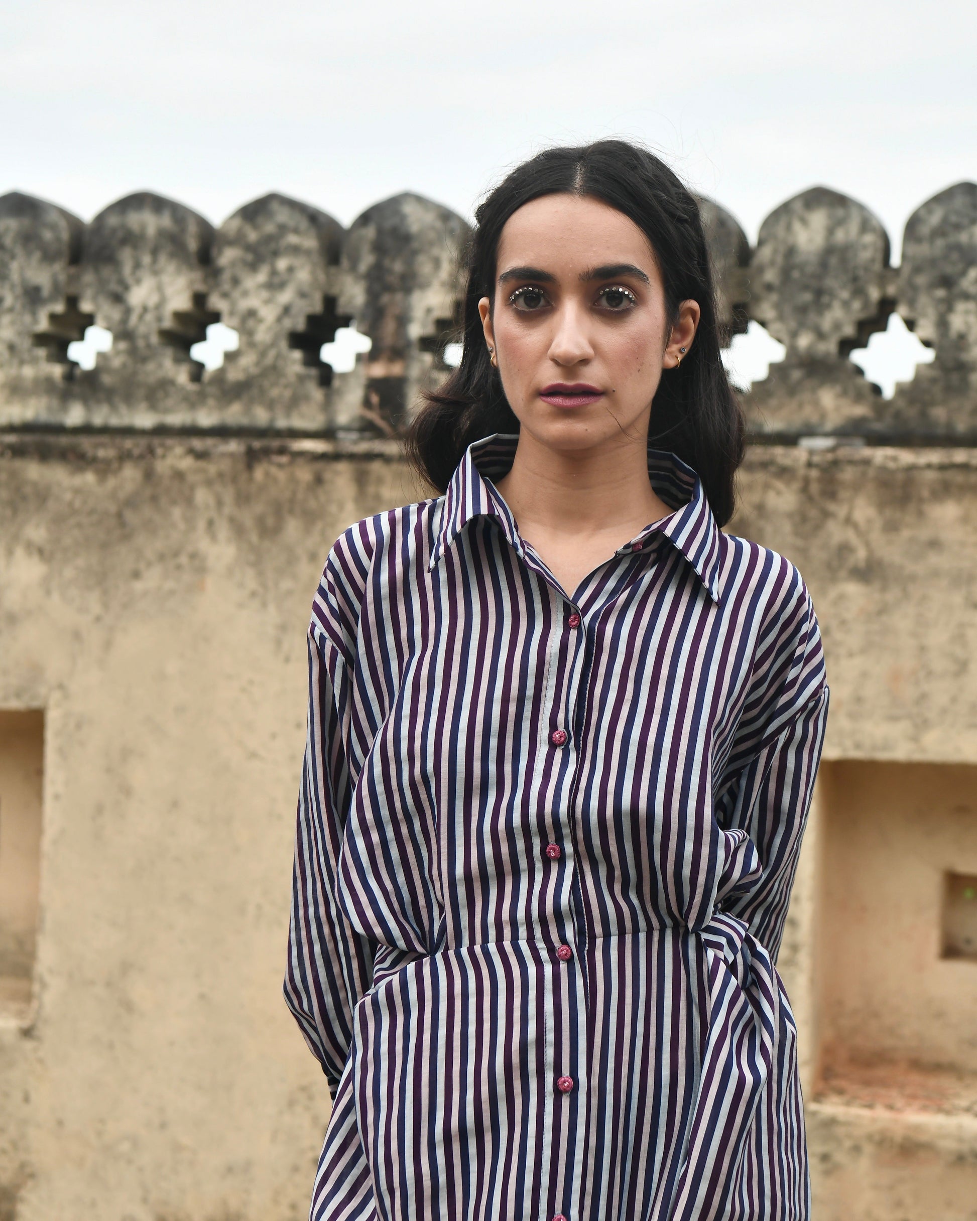 Blue Striped Shirt Dress by Taro with Azo Free Dyes, Blue, Casual Wear, Chanderi Silk, For Anniversary, Garden of Dreams by Taro, Garden of Dreams by The Loom Art, July Sale, July Sale 2023, Regular Fit, Shirt Dresses, Stripes, Womenswear at Kamakhyaa for sustainable fashion