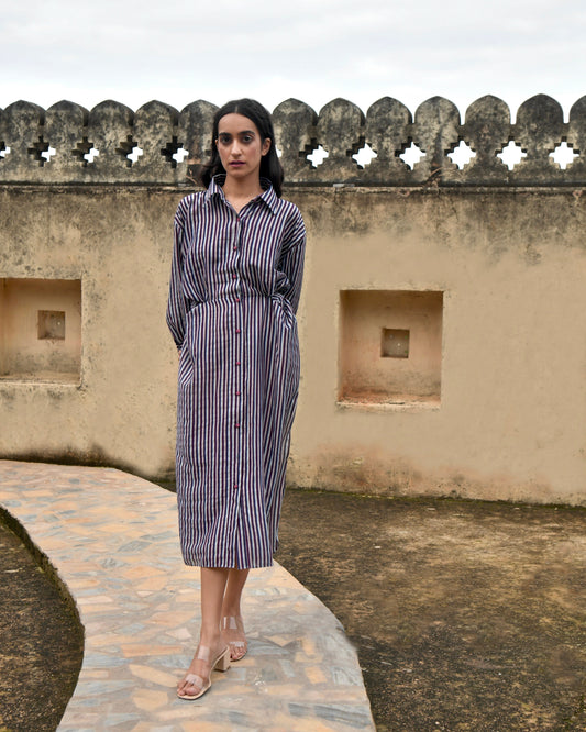 Blue Striped Shirt Dress by Taro with Azo Free Dyes, Blue, Casual Wear, Chanderi Silk, For Anniversary, Garden of Dreams by Taro, Garden of Dreams by The Loom Art, July Sale, July Sale 2023, Regular Fit, Shirt Dresses, Stripes, Womenswear at Kamakhyaa for sustainable fashion
