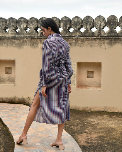 Blue Striped Shirt Dress by Taro with Azo Free Dyes, Blue, Casual Wear, Chanderi Silk, For Anniversary, Garden of Dreams by Taro, Garden of Dreams by The Loom Art, July Sale, July Sale 2023, Regular Fit, Shirt Dresses, Stripes, Womenswear at Kamakhyaa for sustainable fashion