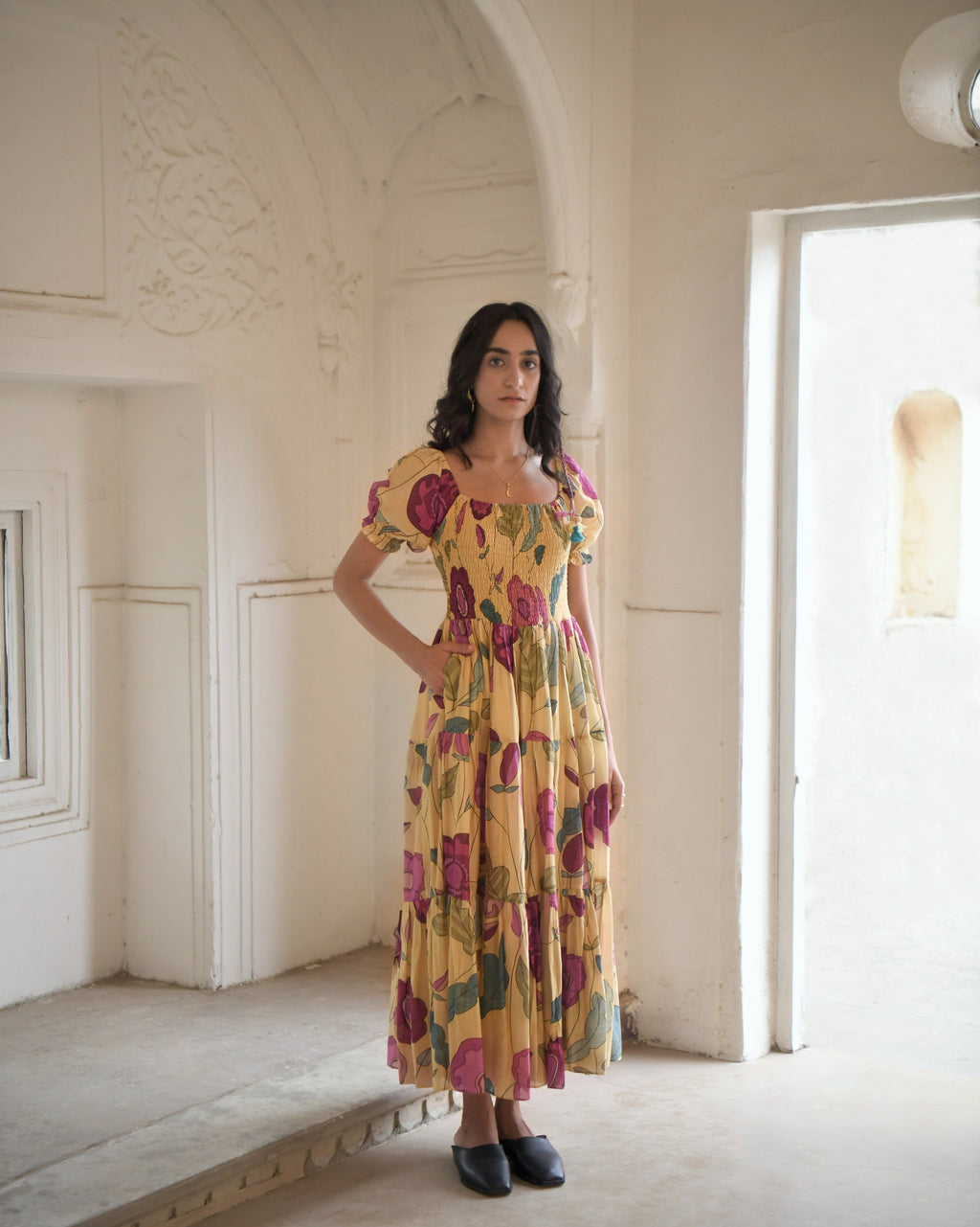 Yellow Printed Maxi Dress by Taro with Azo Free Dyes, Best Selling, Chanderi Silk, FB ADS JUNE, Festive Wear, Garden of Dreams by Taro, Garden of Dreams by The Loom Art, July Sale, July Sale 2023, Maxi Dresses, Prints, Tiered Dresses, Womenswear, Yellow at Kamakhyaa for sustainable fashion