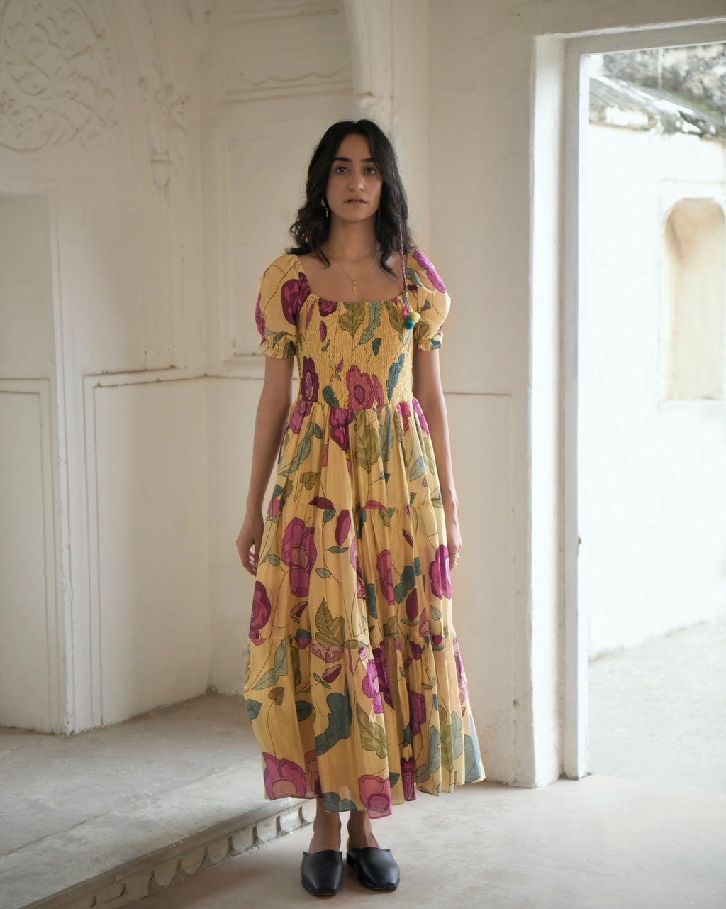 Yellow Printed Maxi Dress by Taro with Azo Free Dyes, Best Selling, Chanderi Silk, FB ADS JUNE, Festive Wear, Garden of Dreams by Taro, Garden of Dreams by The Loom Art, July Sale, July Sale 2023, Maxi Dresses, Prints, Tiered Dresses, Womenswear, Yellow at Kamakhyaa for sustainable fashion