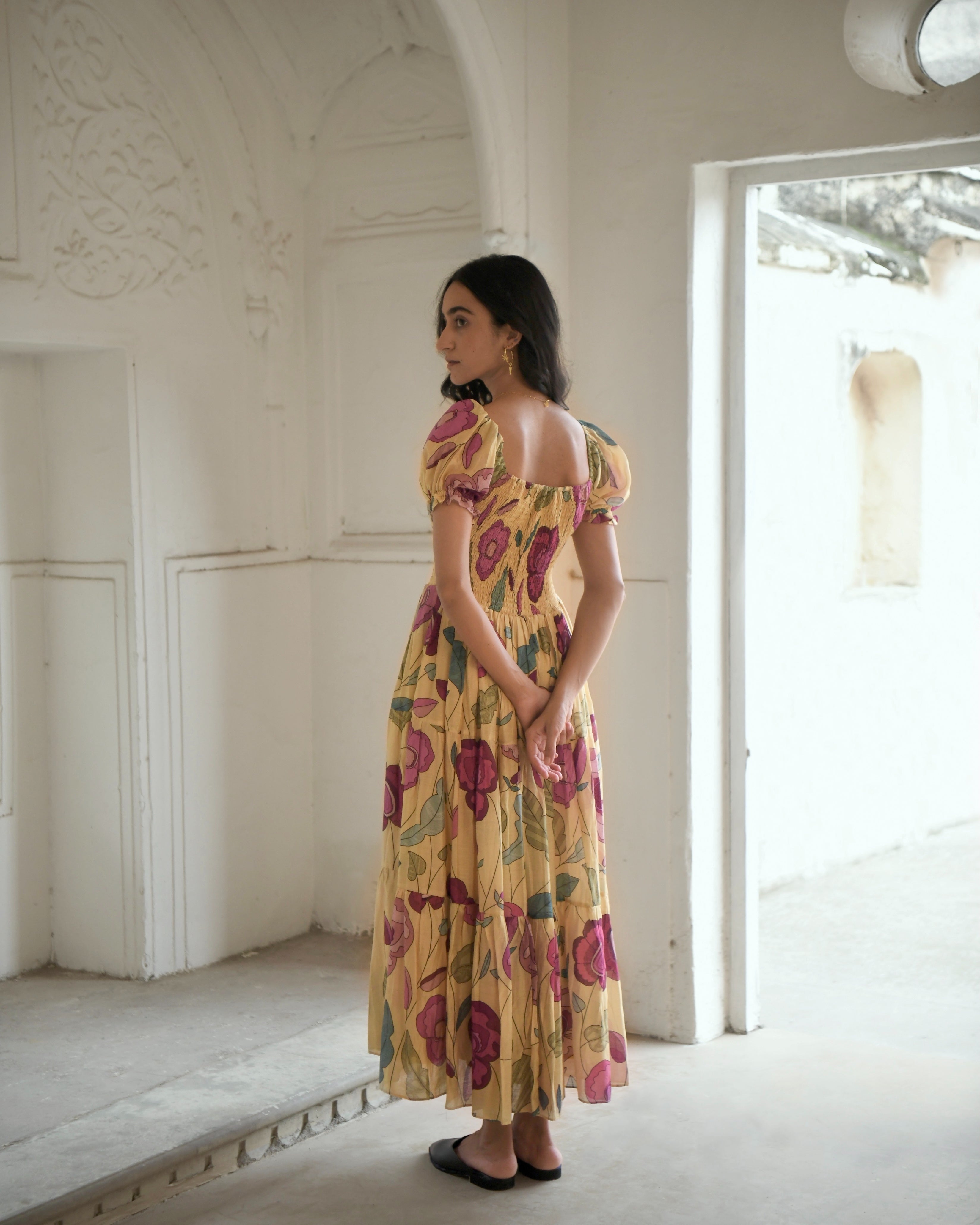 Yellow Printed Maxi Dress by Taro with Azo Free Dyes, Best Selling, Chanderi Silk, FB ADS JUNE, Festive Wear, Garden of Dreams by Taro, Garden of Dreams by The Loom Art, July Sale, July Sale 2023, Maxi Dresses, Prints, Tiered Dresses, Womenswear, Yellow at Kamakhyaa for sustainable fashion